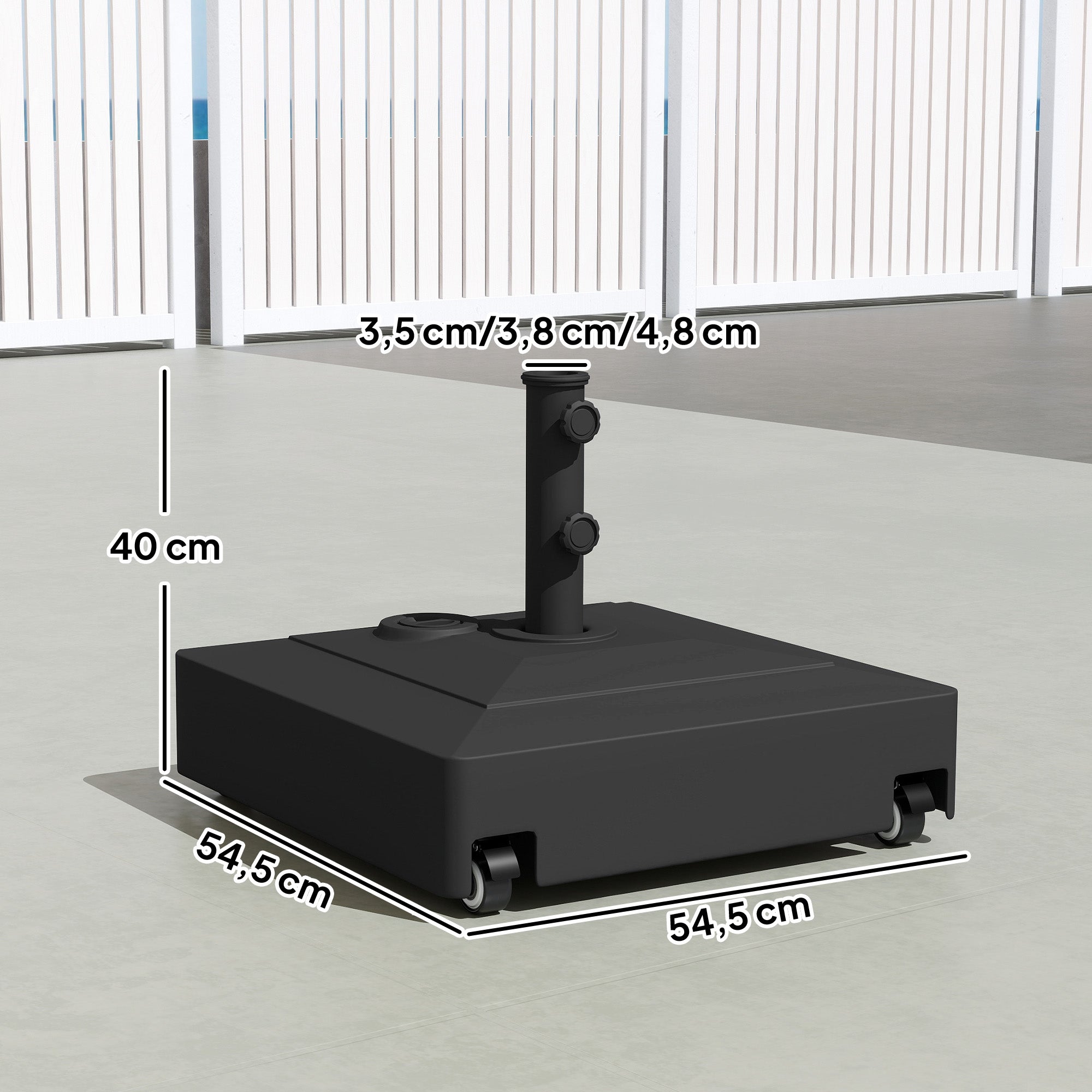 Square Umbrella Base with Wheels – HDPE Parasol Stand, Fits Ø35/38/48 mm, Fillable (61 kg sand / 40 kg water) – Black