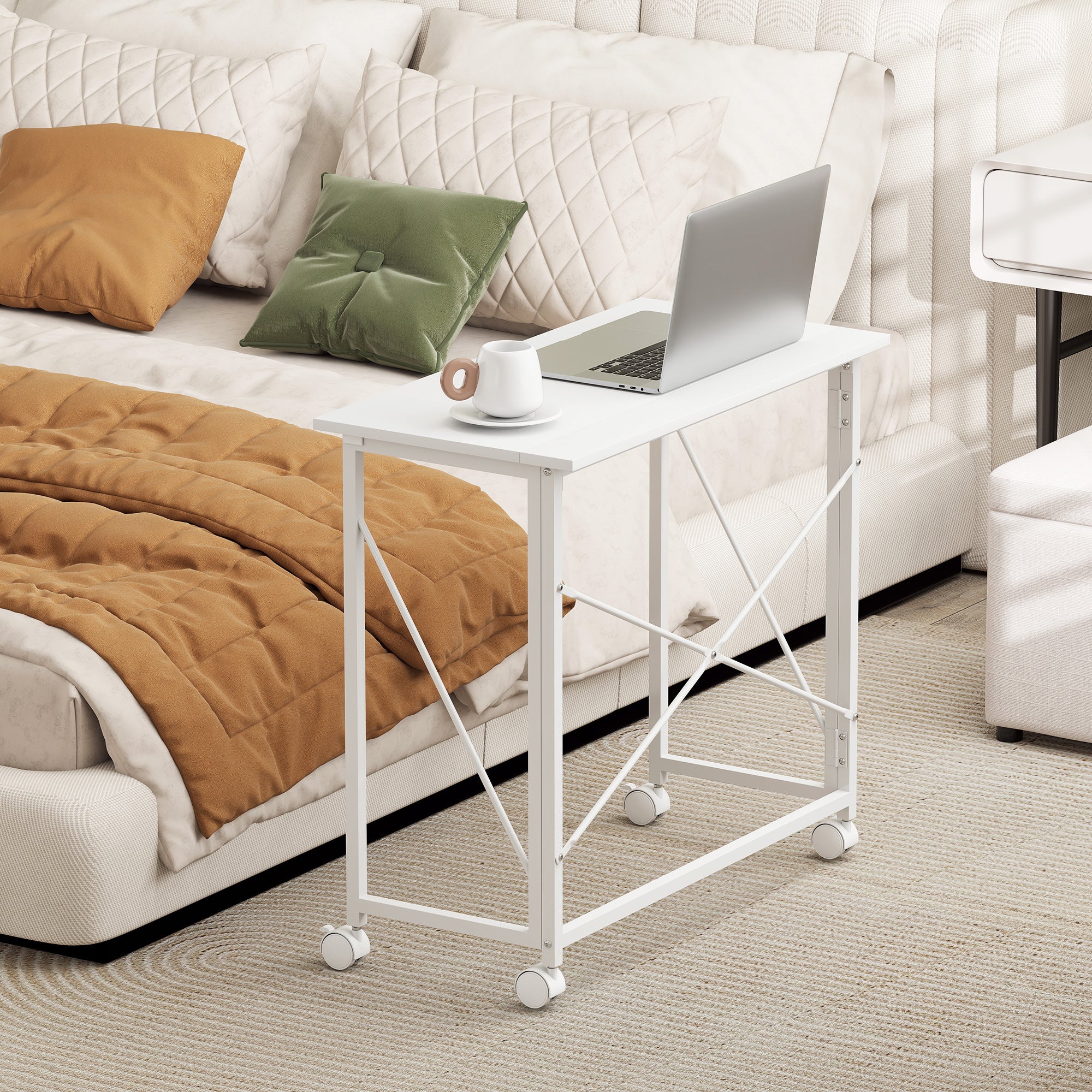 Folding Computer Desk, 31.5 x 15.7 in, Rolling Modern Desk for Home, Bedroom & Small Spaces, White