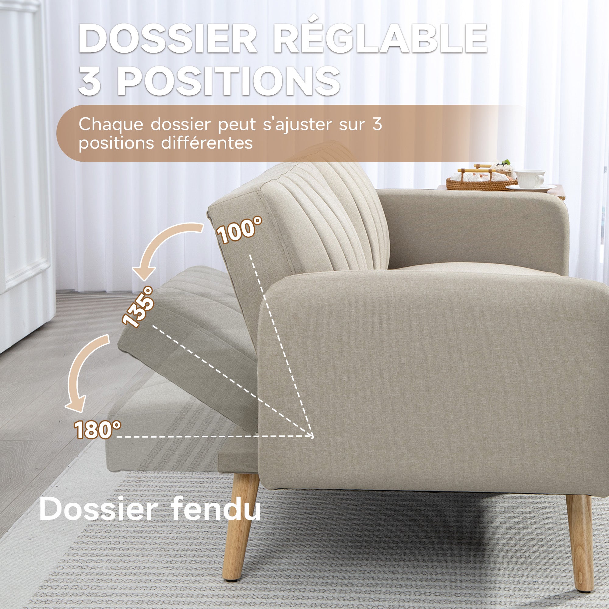 Scandinavian Design 2-Seater Convertible Sofa Reclining 3-Position Backrest Wooden Legs Linen-Look Fabric Beige