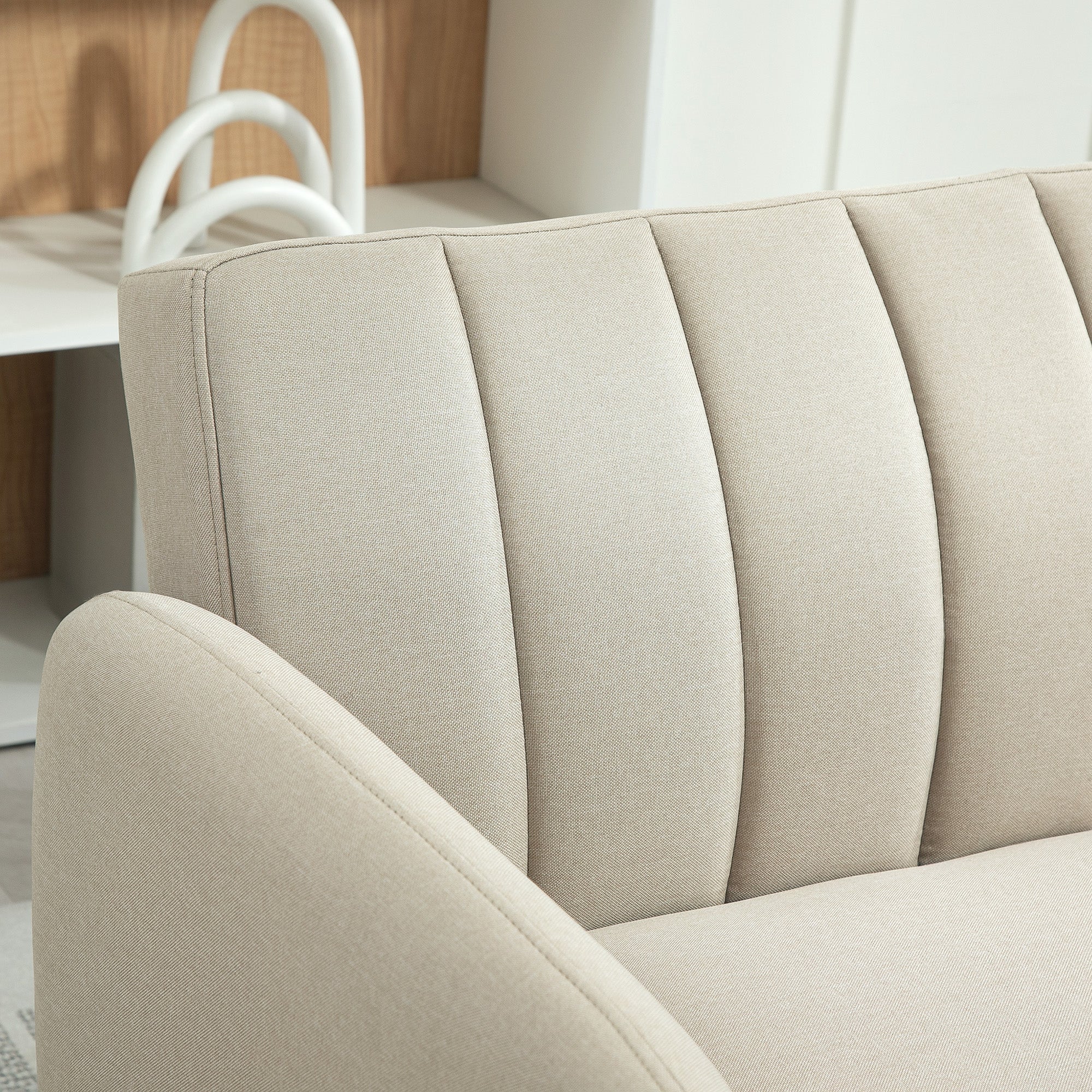 Scandinavian Design 2-Seater Convertible Sofa Reclining 3-Position Backrest Wooden Legs Linen-Look Fabric Beige