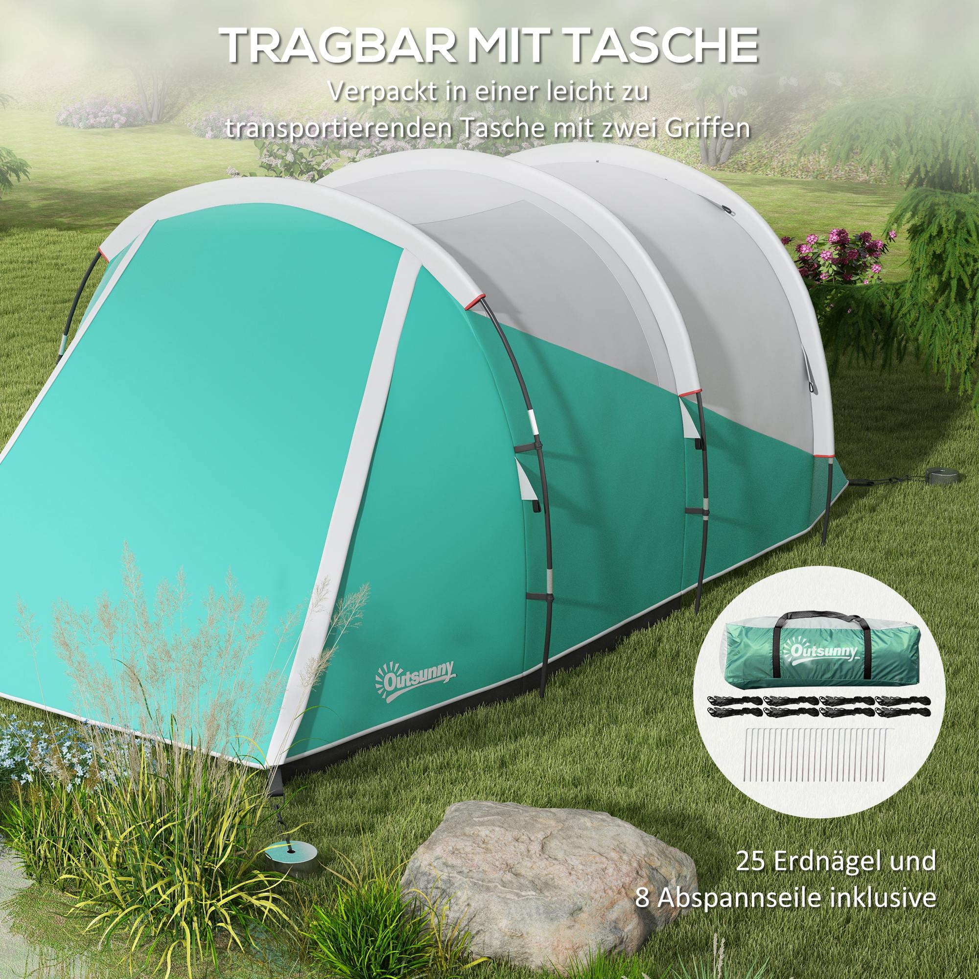 Tunnel Tent, Camping Tent for 5 People, Family Tent with 2 Rooms, Carrying Bag, 3000mm Waterproof Group Tent, for Garden, Campsite, Green
