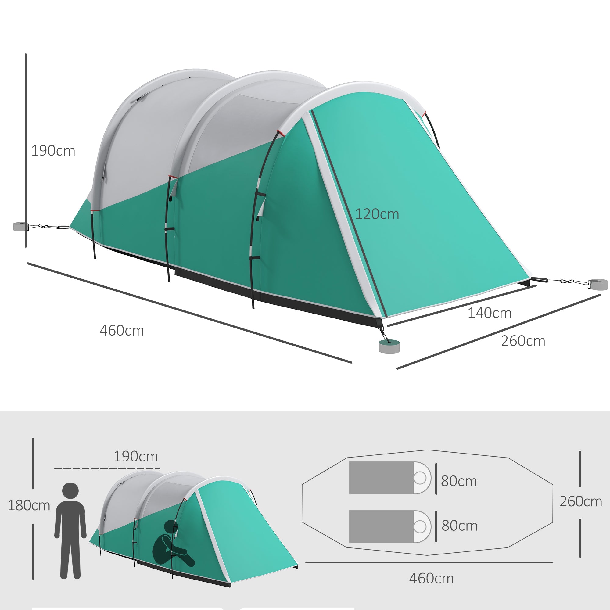 Tunnel Tent, Camping Tent for 5 People, Family Tent with 2 Rooms, Carrying Bag, 3000mm Waterproof Group Tent, for Garden, Campsite, Green