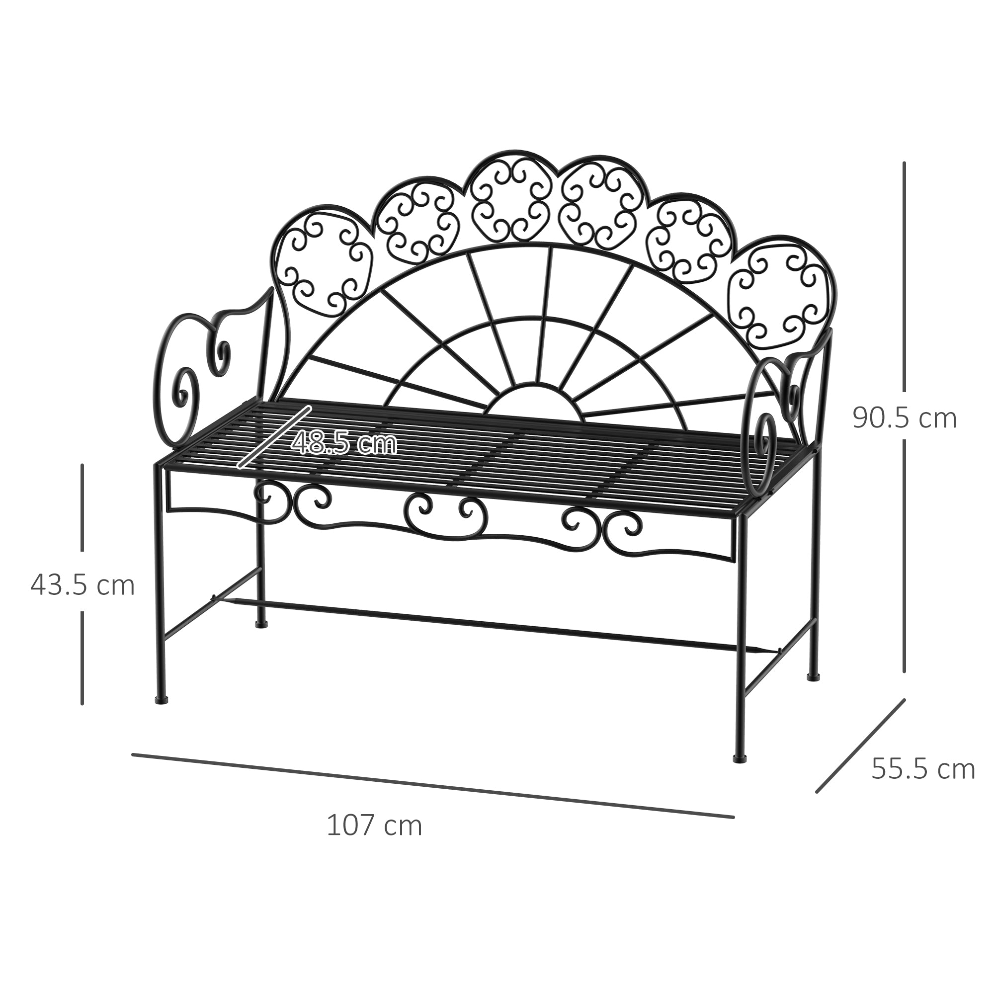 2-Seater Garden Bench Sturdy, Rust-free Park Bench Seat Bench Outdoor Furniture for Patio, Garden, and General Outdoor Area 107cm x 55.5cm x 90.5cm, Black
