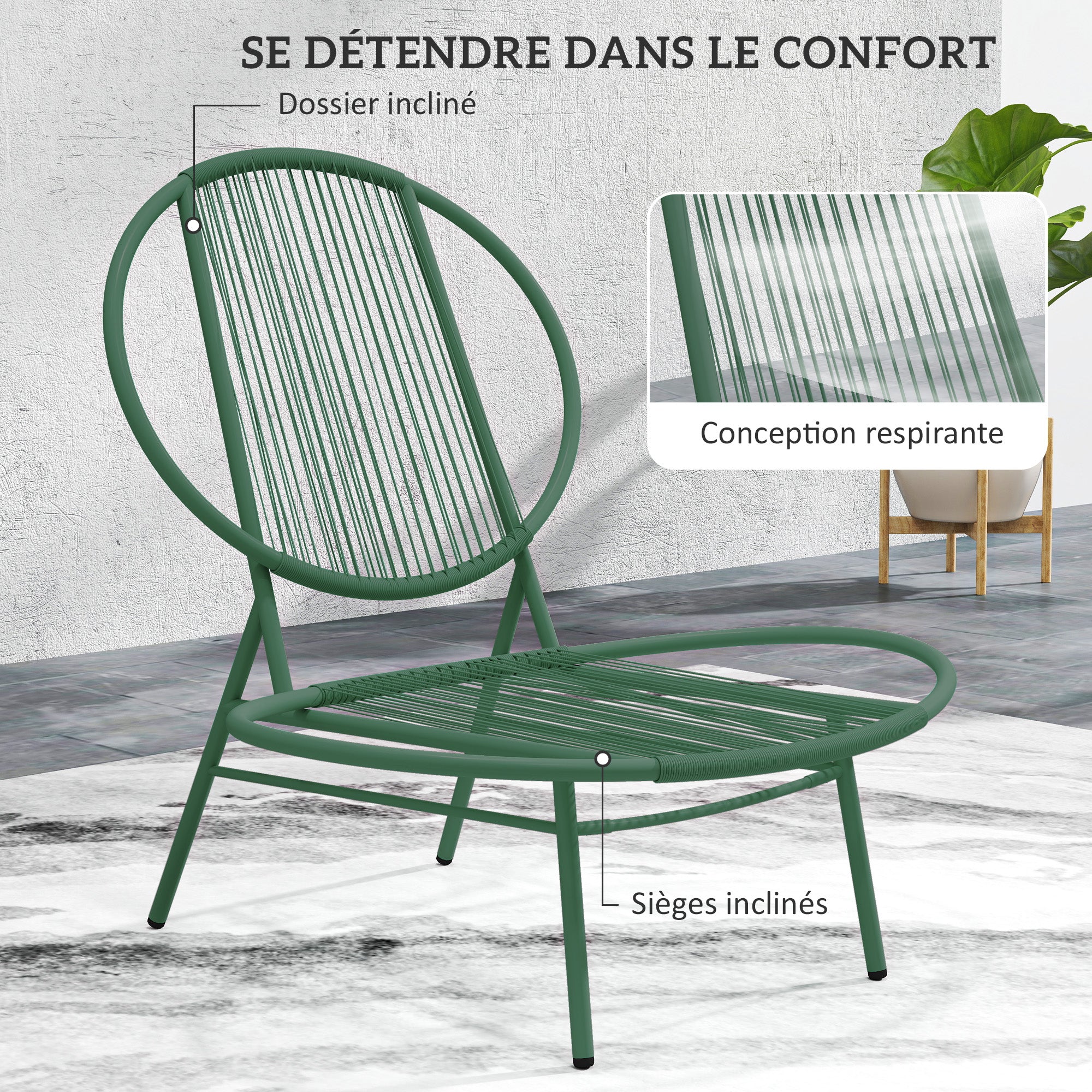 Garden Furniture Set, 3 Pieces, Outdoor Seating for 2 with 2 Acapulco Chairs and Coffee Table, Garden Furniture, Patio, Balcony, Porch, Dark Green