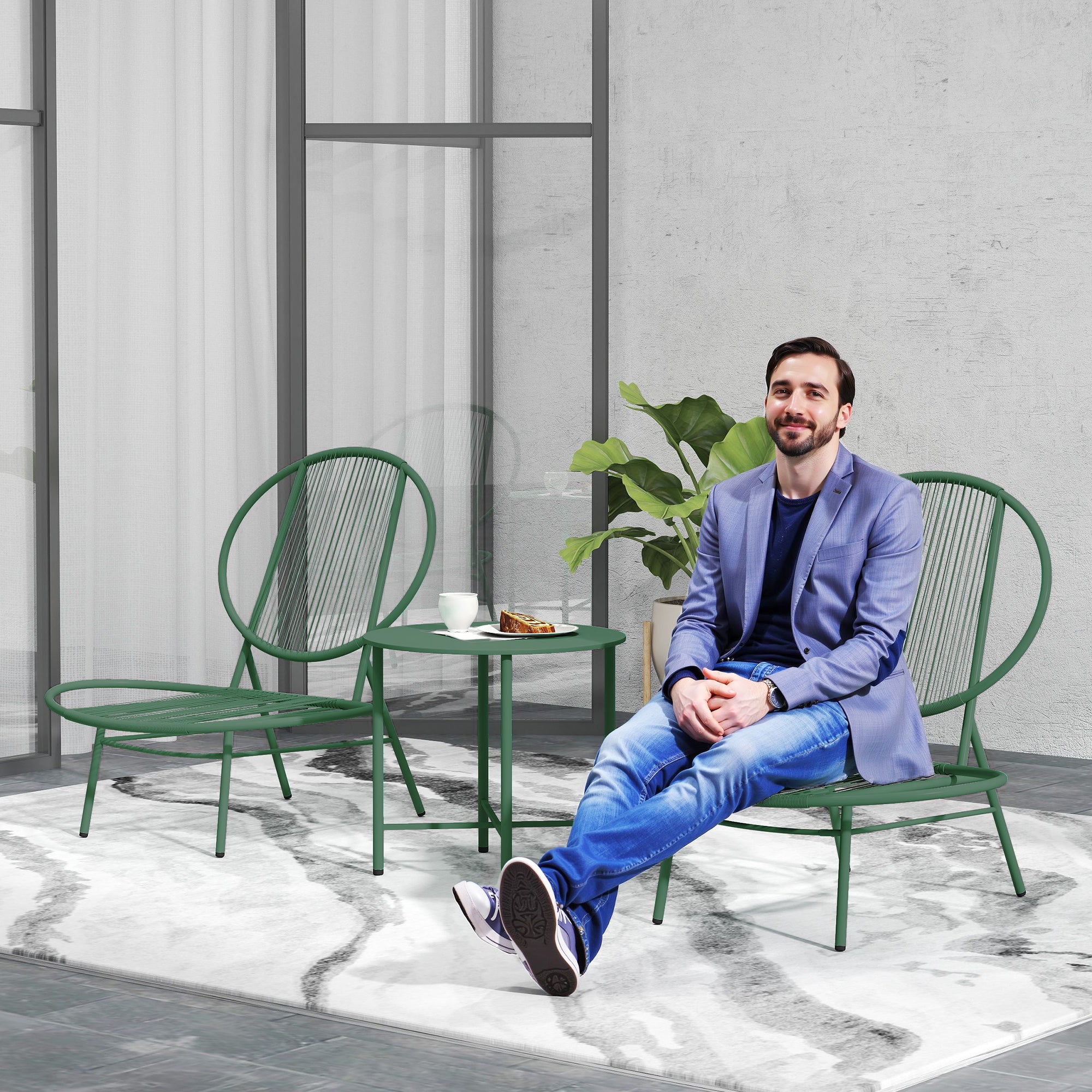 Garden Furniture Set, 3 Pieces, Outdoor Seating for 2 with 2 Acapulco Chairs and Coffee Table, Garden Furniture, Patio, Balcony, Porch, Dark Green