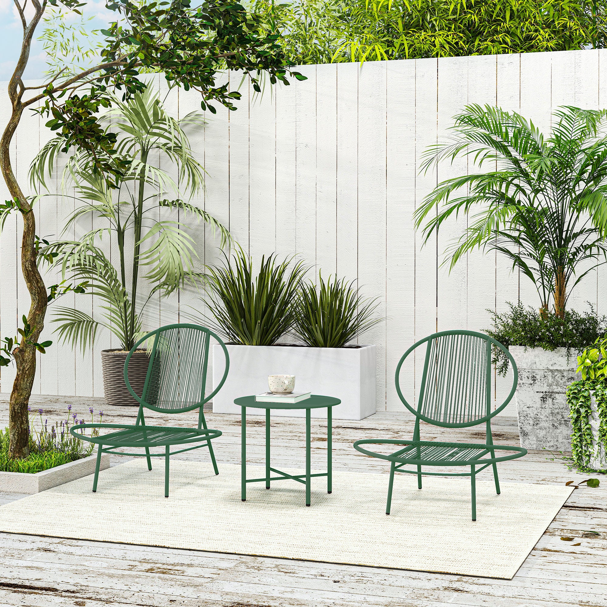 Garden Furniture Set, 3 Pieces, Outdoor Seating for 2 with 2 Acapulco Chairs and Coffee Table, Garden Furniture, Patio, Balcony, Porch, Dark Green