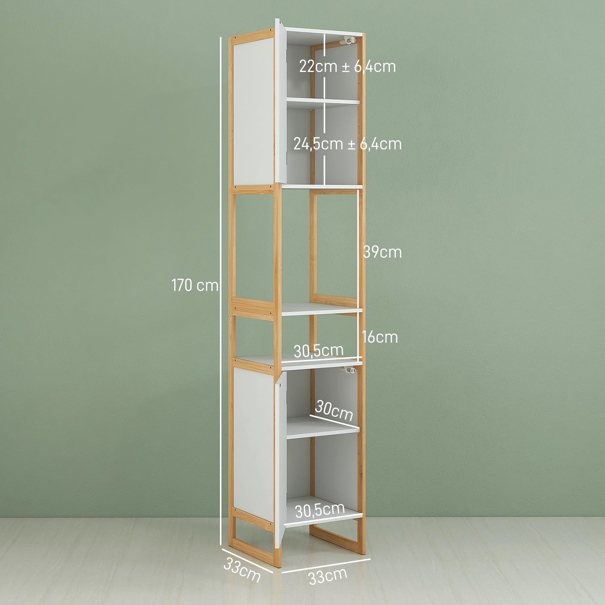 Bathroom Cabinet Tall Cabinet with 2 Open Shelves and 2 Cabinets Adjustable Shelf Push-Door Opening Bamboo dim. 33L x 33W x 170H cm White