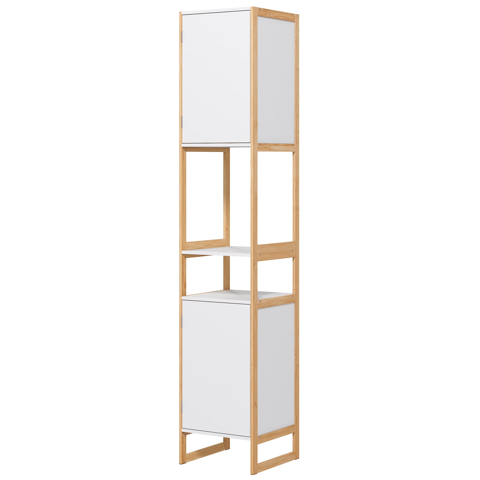 Bathroom Cabinet Tall Cabinet with 2 Open Shelves and 2 Cabinets Adjustable Shelf Push-Door Opening Bamboo dim. 33L x 33W x 170H cm White