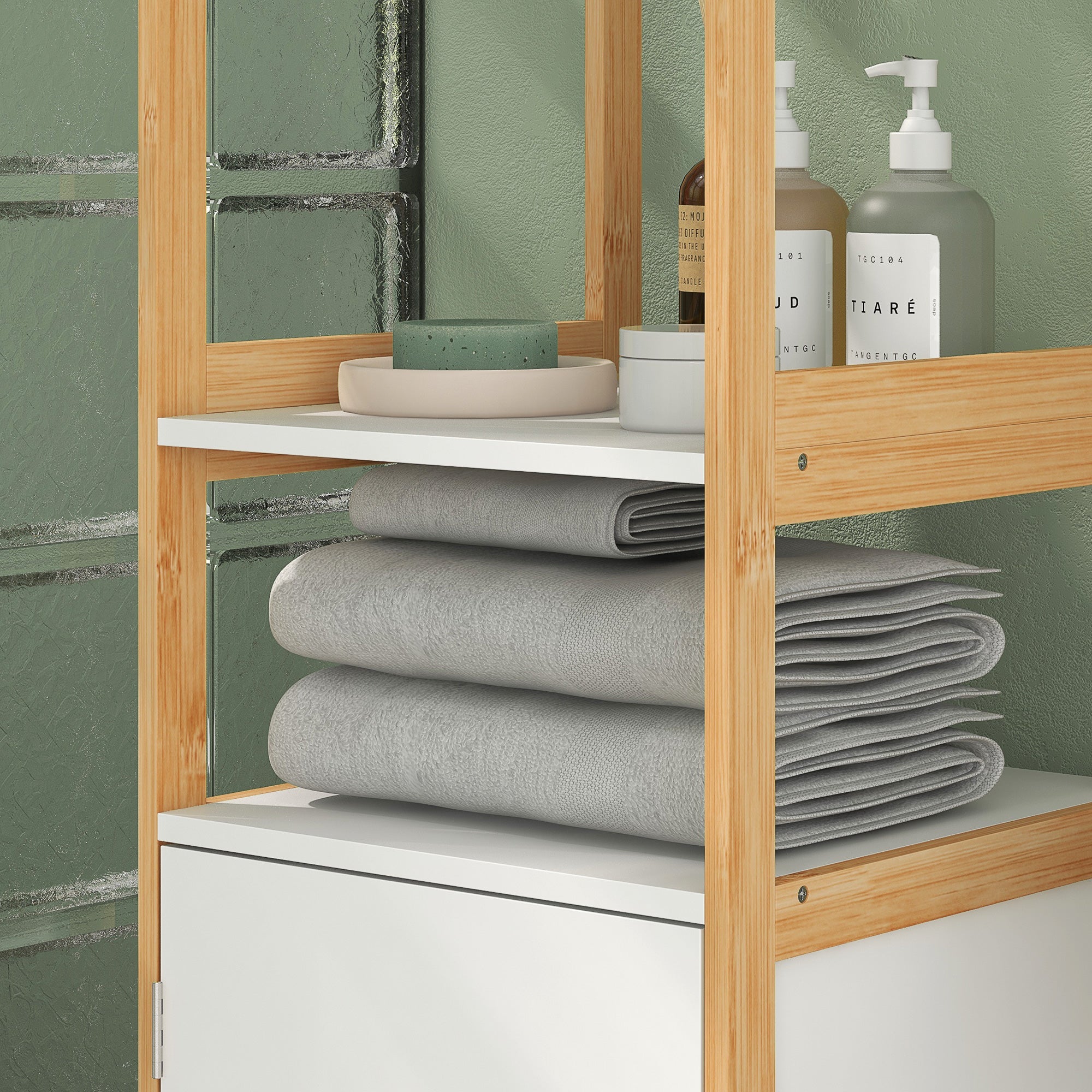 Bathroom Cabinet Tall Cabinet with 2 Open Shelves and 2 Cabinets Adjustable Shelf Push-Door Opening Bamboo dim. 33L x 33W x 170H cm White