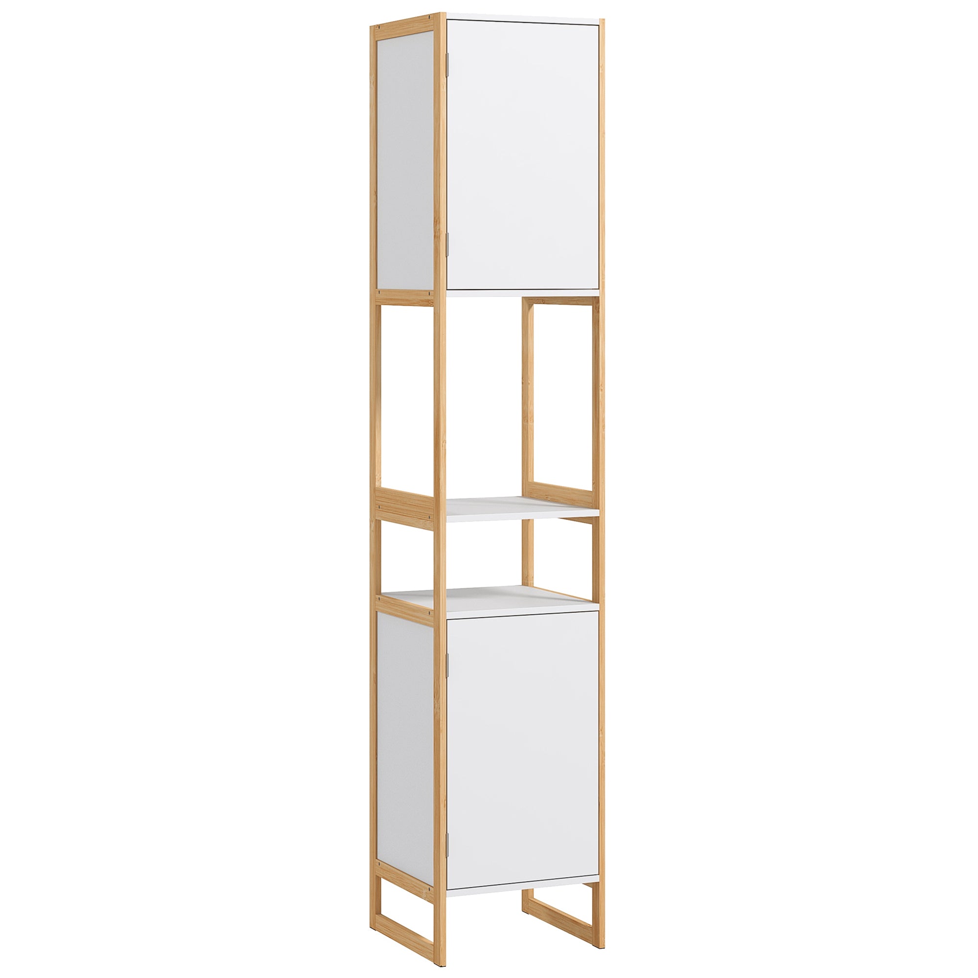 Bathroom Cabinet Tall Cabinet with 2 Open Shelves and 2 Cabinets Adjustable Shelf Push-Door Opening Bamboo dim. 33L x 33W x 170H cm White