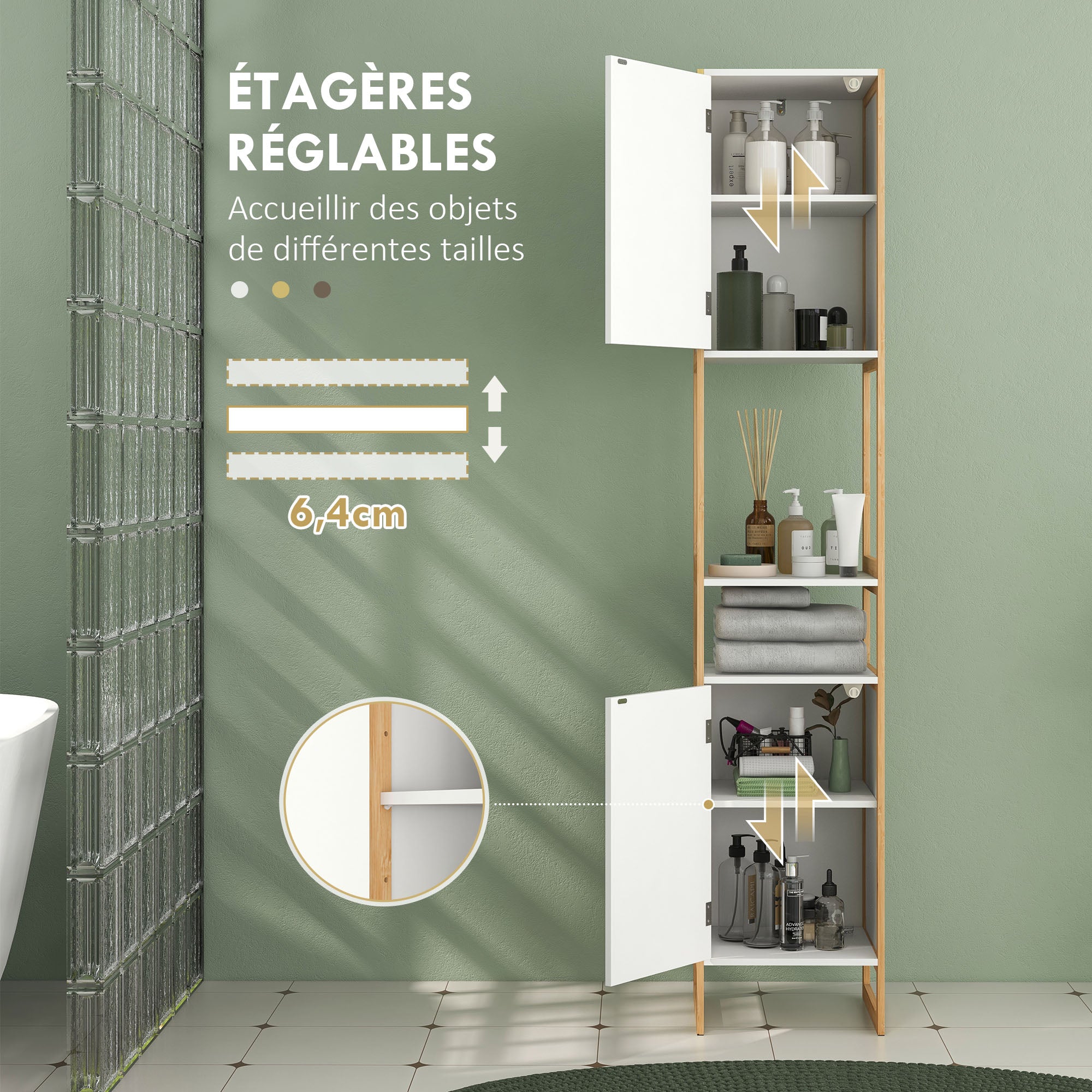Bathroom Cabinet Tall Cabinet with 2 Open Shelves and 2 Cabinets Adjustable Shelf Push-Door Opening Bamboo dim. 33L x 33W x 170H cm White
