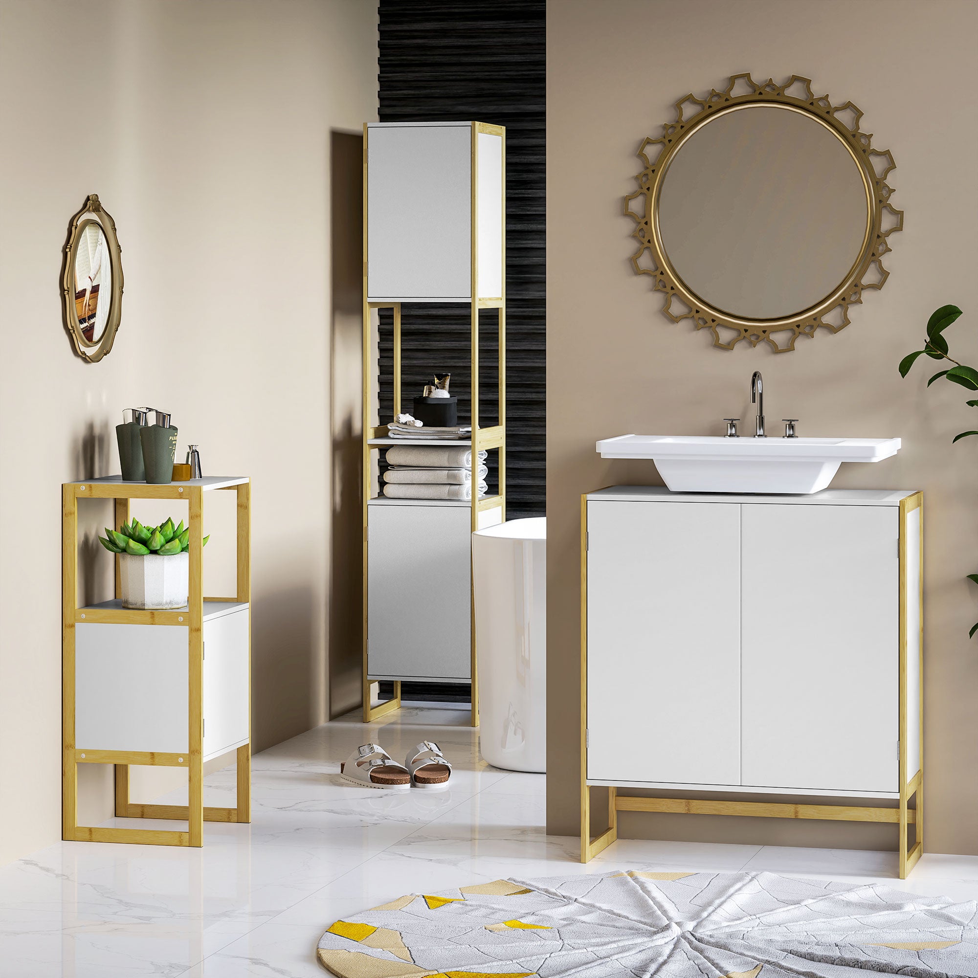 Bathroom Cabinet Tall Cabinet with 2 Open Shelves and 2 Cabinets Adjustable Shelf Push-Door Opening Bamboo dim. 33L x 33W x 170H cm White
