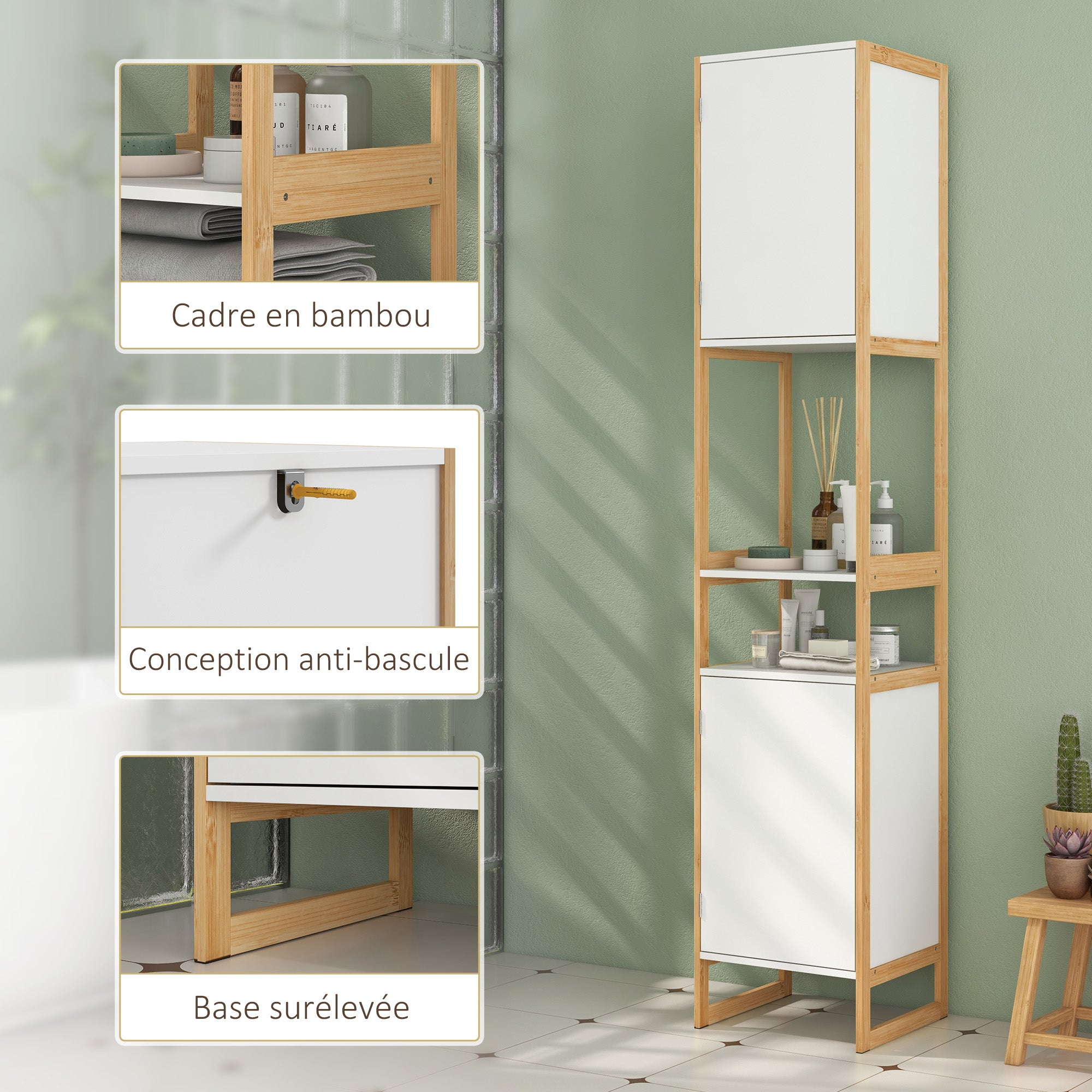 Bathroom Cabinet Tall Cabinet with 2 Open Shelves and 2 Cabinets Adjustable Shelf Push-Door Opening Bamboo dim. 33L x 33W x 170H cm White