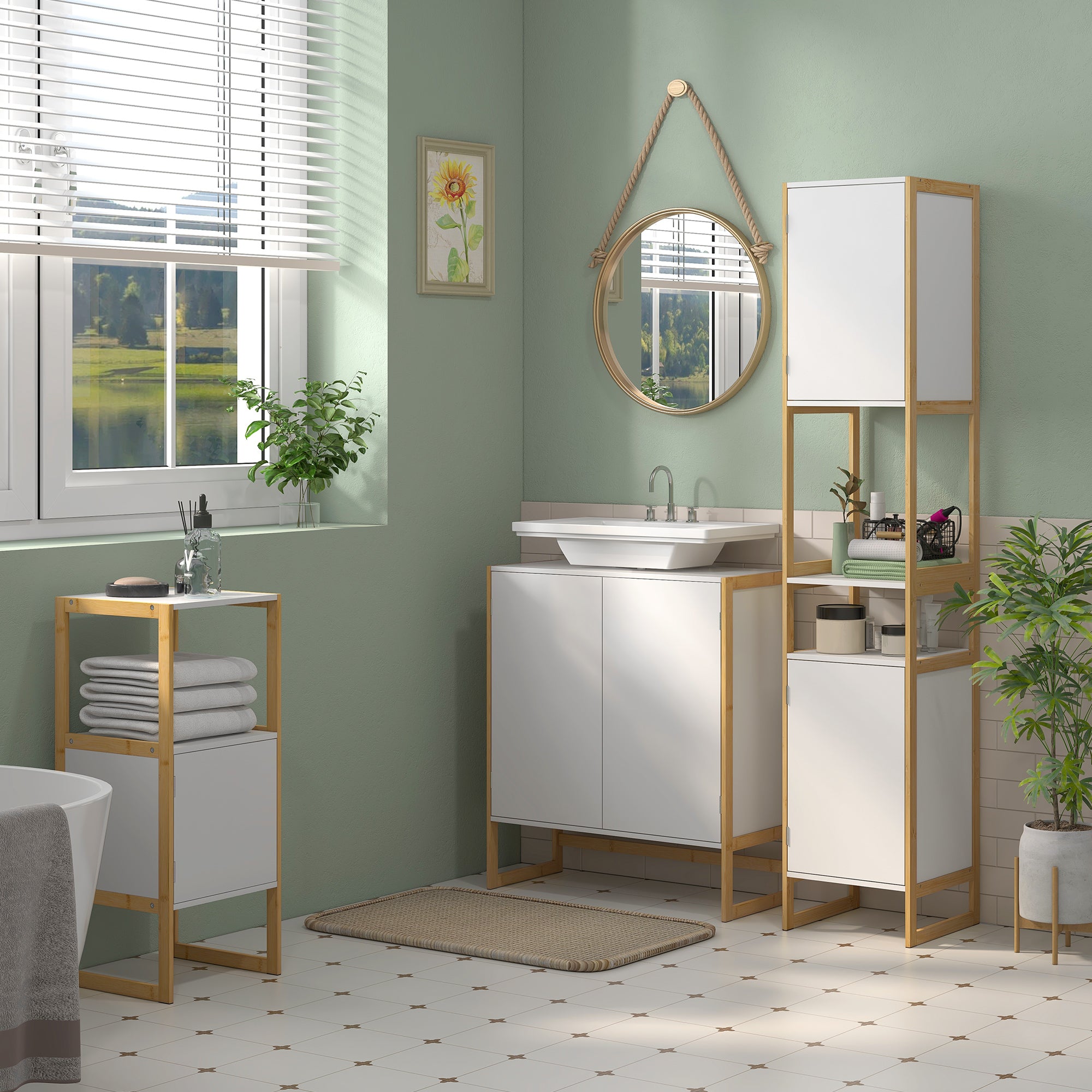Bathroom Cabinet Tall Cabinet with 2 Open Shelves and 2 Cabinets Adjustable Shelf Push-Door Opening Bamboo dim. 33L x 33W x 170H cm White
