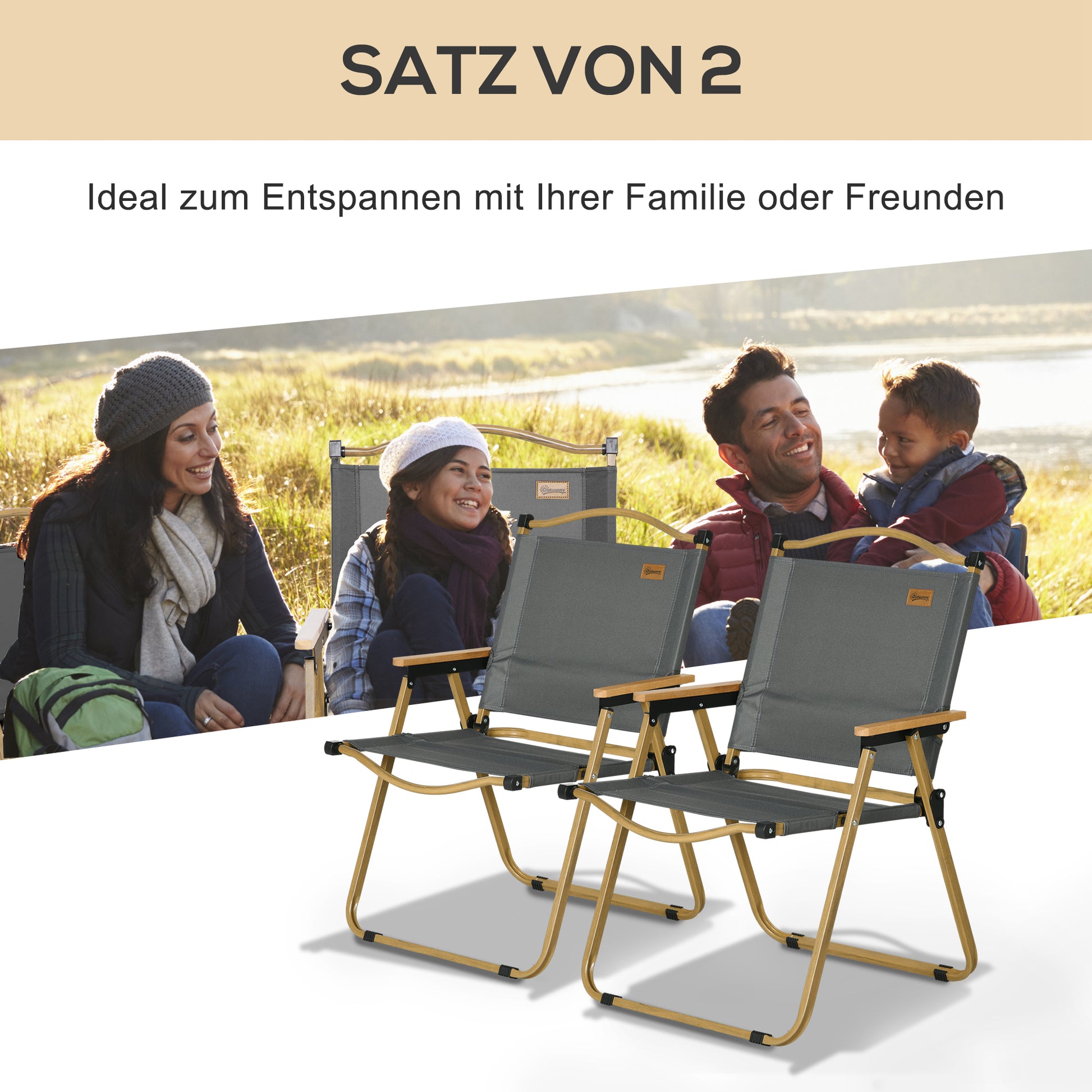 Camping Chair 2-Pack Foldable Garden Chair with Steel Frame, Woodgrain Look, Folding Chair for Pool, Beach, Oxford, Dark Grey