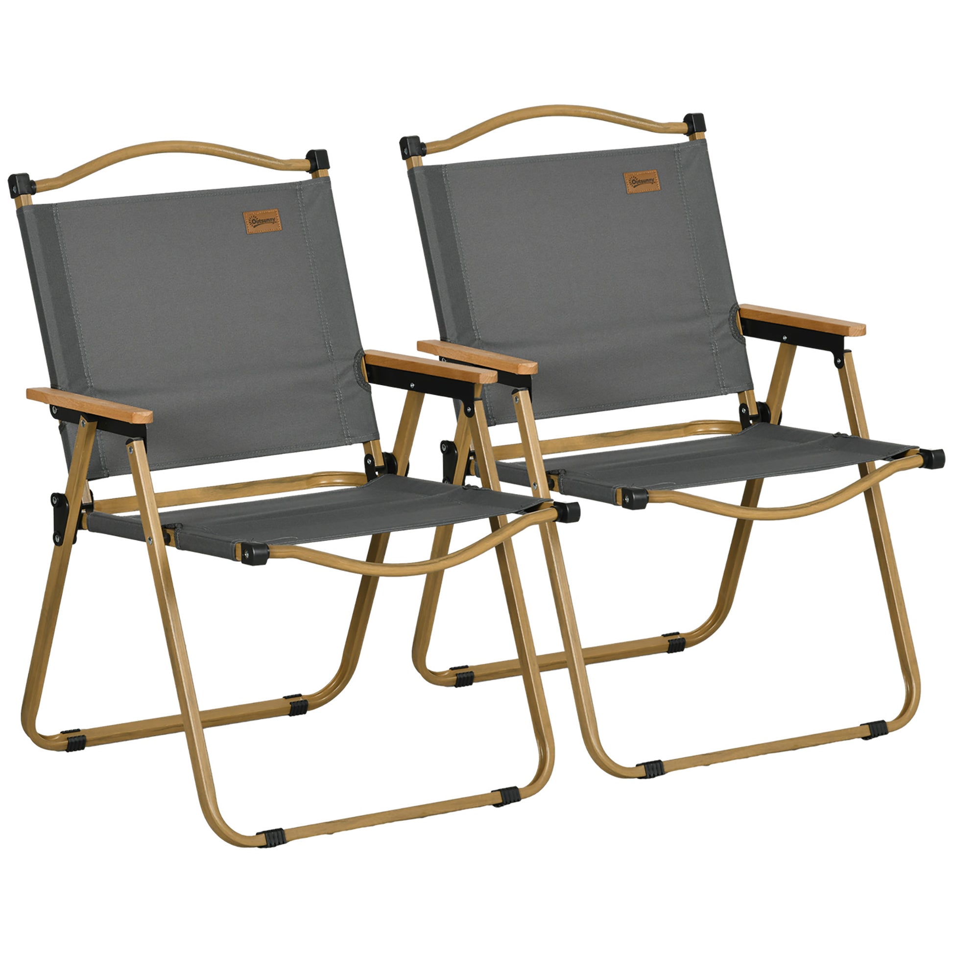 Camping Chair 2-Pack Foldable Garden Chair with Steel Frame, Woodgrain Look, Folding Chair for Pool, Beach, Oxford, Dark Grey