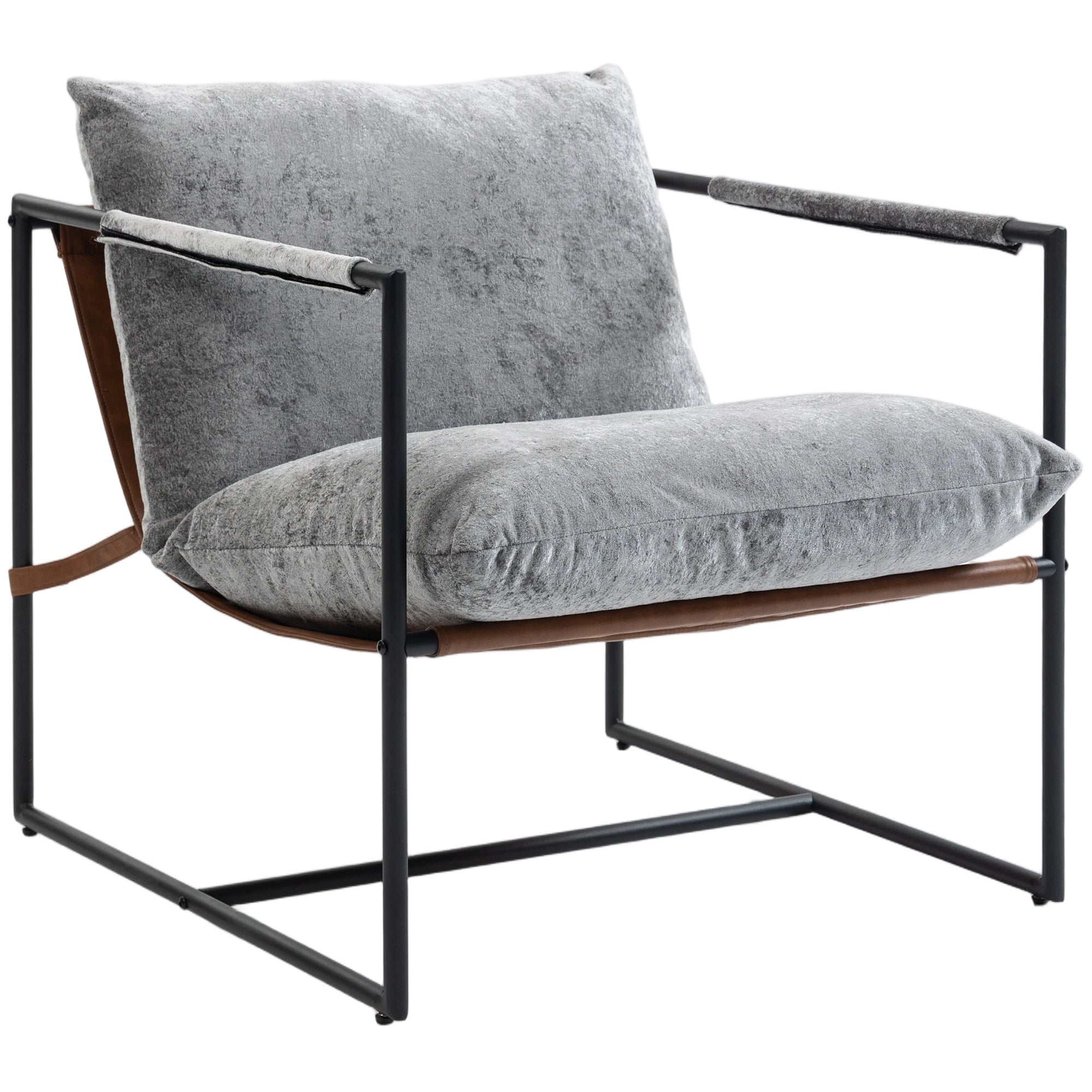 Accent Chair — Padded Printed Velvet Upholstery, Wide Seat, Carbon Steel Frame, Light Gray