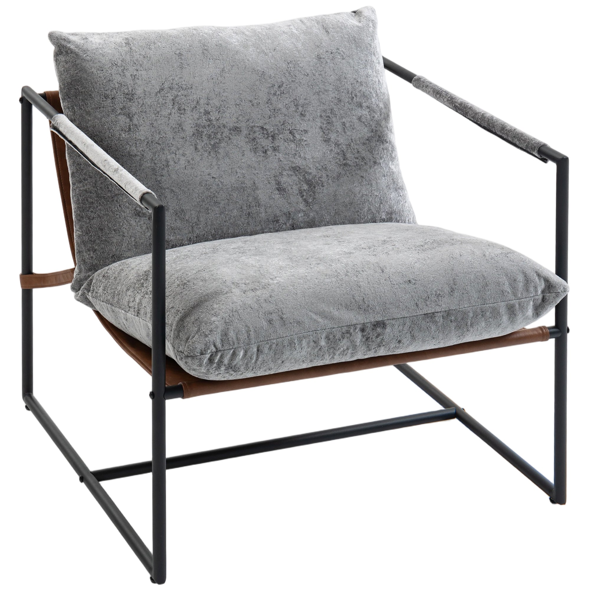 Accent Chair — Padded Printed Velvet Upholstery, Wide Seat, Carbon Steel Frame, Light Gray