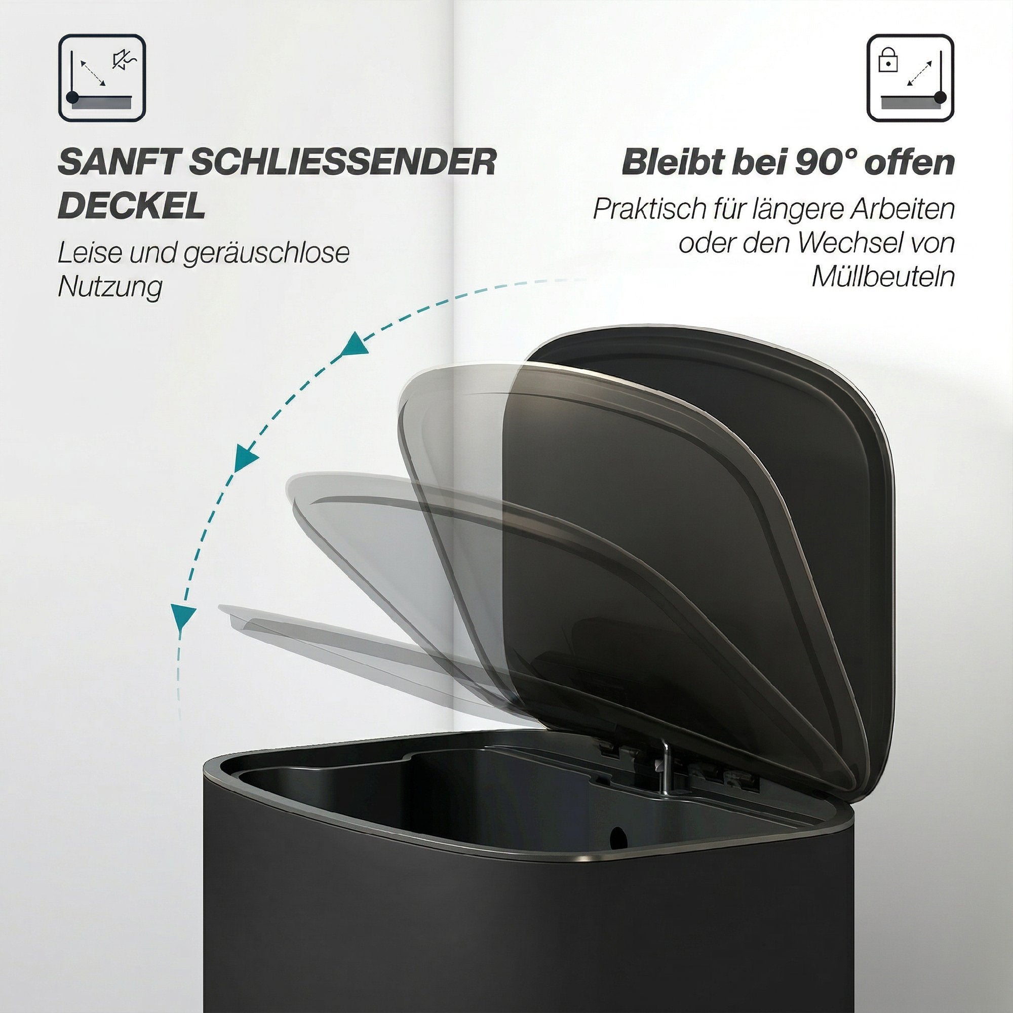 50L (13.2 gal) Kitchen Step Trash Can with Stay-Open Function, Soft-Close Lid, Foot Pedal – Stainless Steel, Black, 17.8 x 14.4 x 24.6 in (45.1 x 36.5 x 62.6 cm)