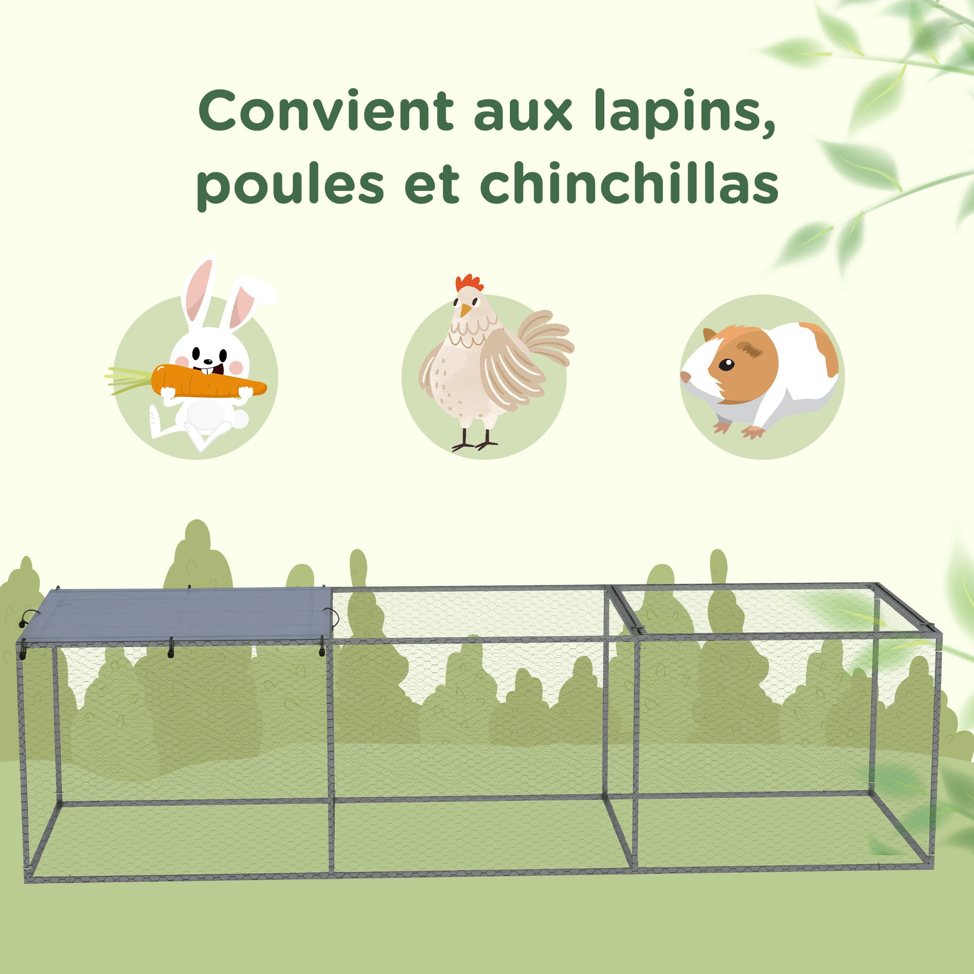 Outdoor Chicken Coop Rabbit Hutch Enclosure 3 m² for Small Animals 3 x 1 x 0.8m Galvanized Steel, 1 Upper Door, Covered Space Tarp