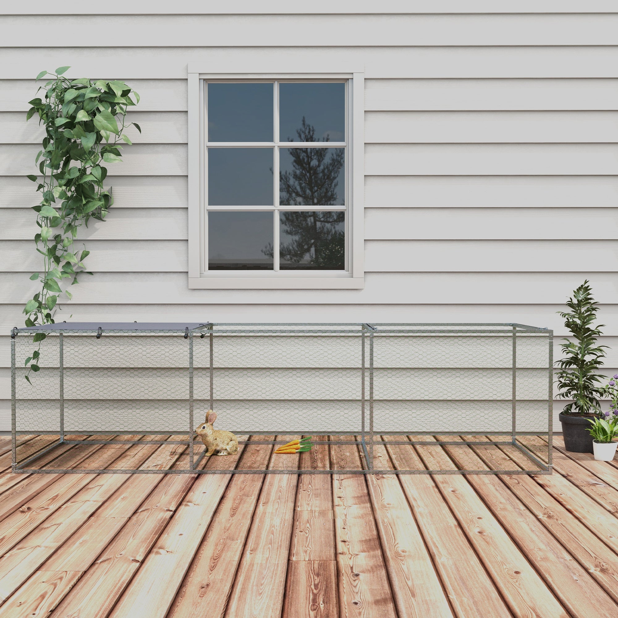 Outdoor Chicken Coop Rabbit Hutch Enclosure 3 m² for Small Animals 3 x 1 x 0.8m Galvanized Steel, 1 Upper Door, Covered Space Tarp