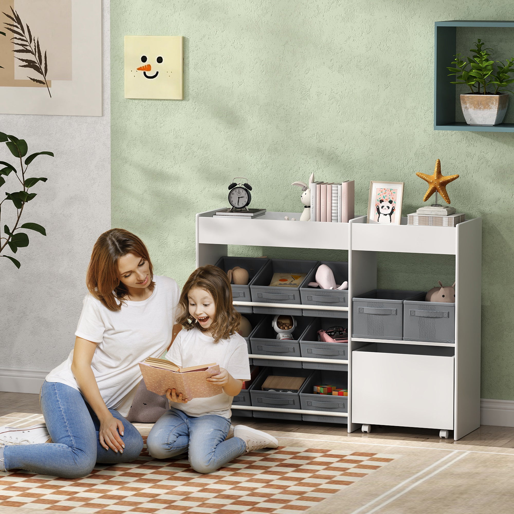 Children's Shelf Toy Shelf with 11 Fabric Boxes, Upper Compartments, 3 Stickers, Children's Bookshelf with Cupboard for Children's Room, Kindergarten, 105 x 30 x 80 cm, White