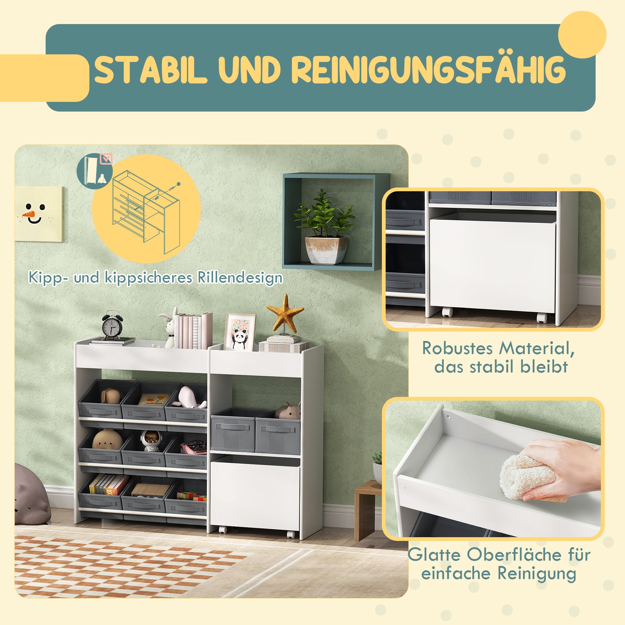 Children's Shelf Toy Shelf with 11 Fabric Boxes, Upper Compartments, 3 Stickers, Children's Bookshelf with Cupboard for Children's Room, Kindergarten, 105 x 30 x 80 cm, White