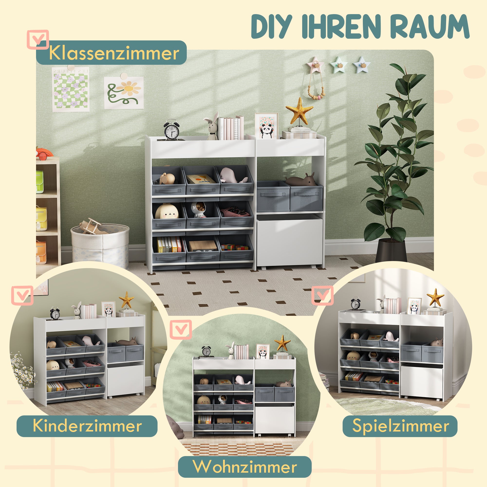 Children's Shelf Toy Shelf with 11 Fabric Boxes, Upper Compartments, 3 Stickers, Children's Bookshelf with Cupboard for Children's Room, Kindergarten, 105 x 30 x 80 cm, White