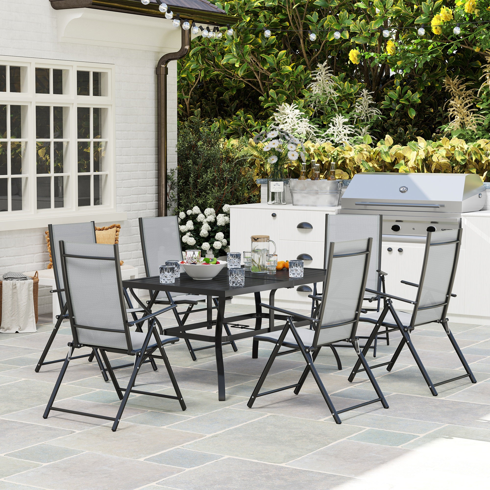 7-Piece Garden Table and Chairs Set, Dining Table with Umbrella Hole and 6 High Back Folding Outdoor Chairs, Steel Rectangular Garden Table, Gray