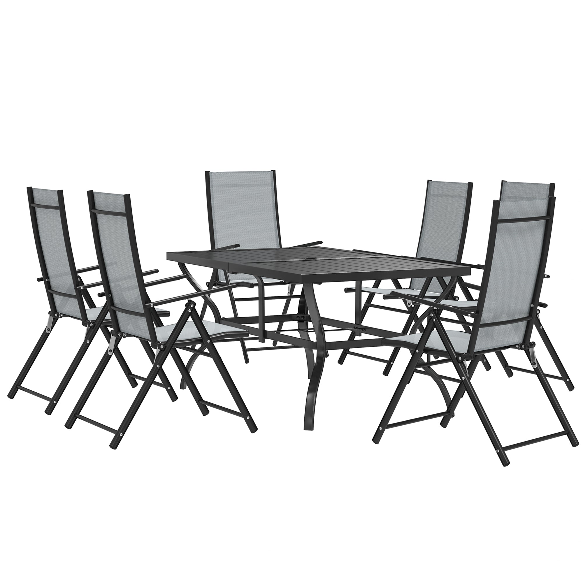 7-Piece Garden Table and Chairs Set, Dining Table with Umbrella Hole and 6 High Back Folding Outdoor Chairs, Steel Rectangular Garden Table, Gray