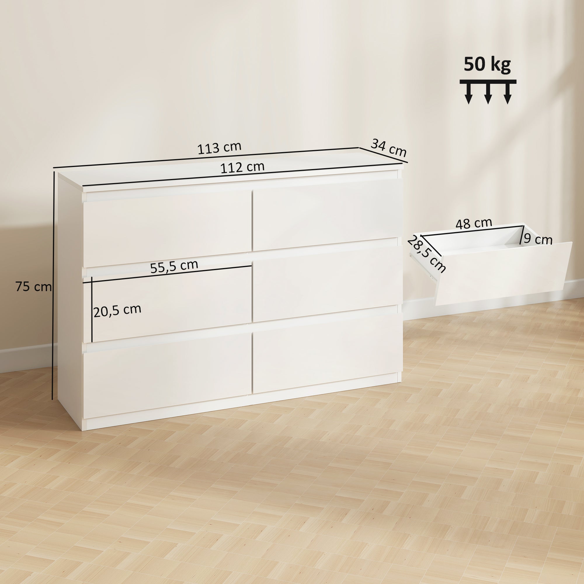 3-Drawer Dresser Sideboard, Modern Handleless Chest for Living Room, Bedroom & Hallway - White (112 x 34 x 75 cm / 44.1 x 13.4 x 29.5 in)