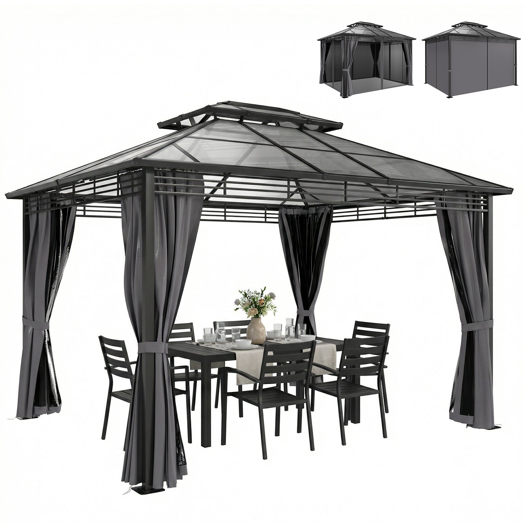 Garden Gazebo approx. 3.6 x 3 m – Aluminum Gazebo with 6 mm Double Polycarbonate Roof, Mosquito Net, 4 Side Curtains, Water-Resistant Sturdy Hardtop Pergola, Dark Gray