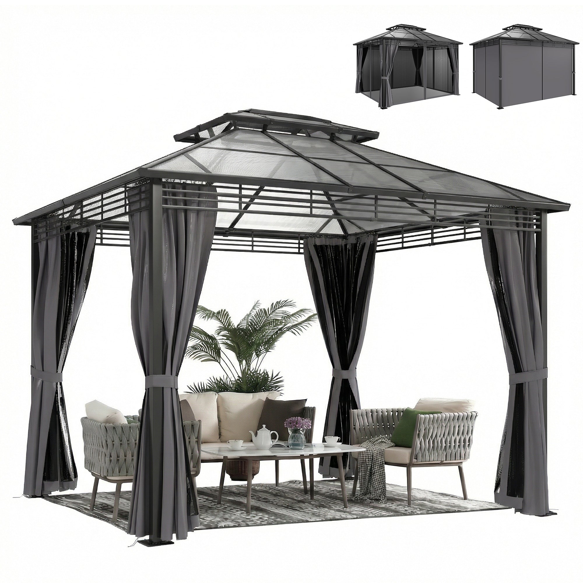 Garden Gazebo approx. 3.6 x 3 m – Aluminum Gazebo with 6 mm Double Polycarbonate Roof, Mosquito Net, 4 Side Curtains, Water-Resistant Sturdy Hardtop Pergola, Dark Gray