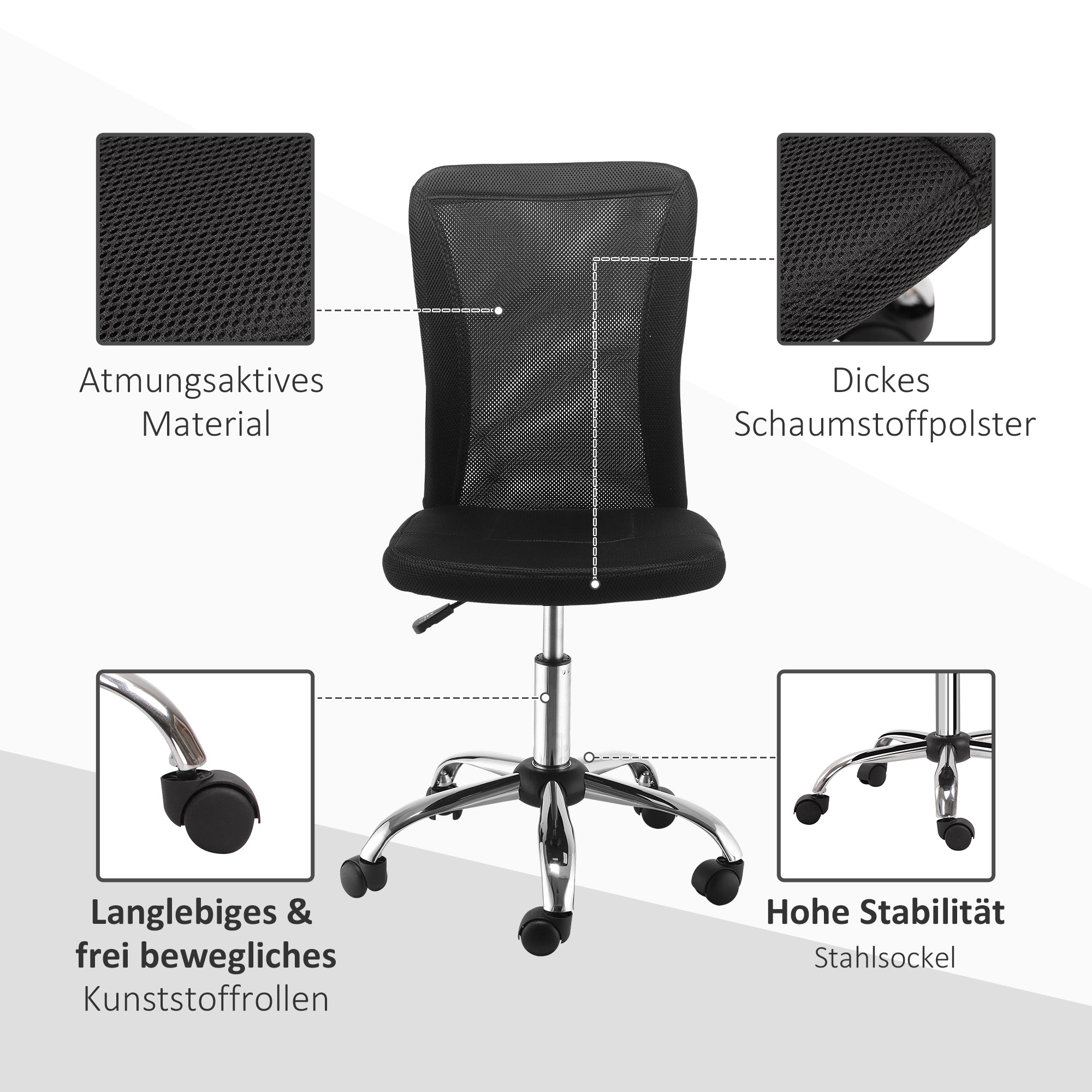 Office Chair Ergonomic, Height Adjustable Desk Chair, 360° Swivel Chair with Breathable Backrest, for Office, Study Room, up to 100 kg Capacity, Black