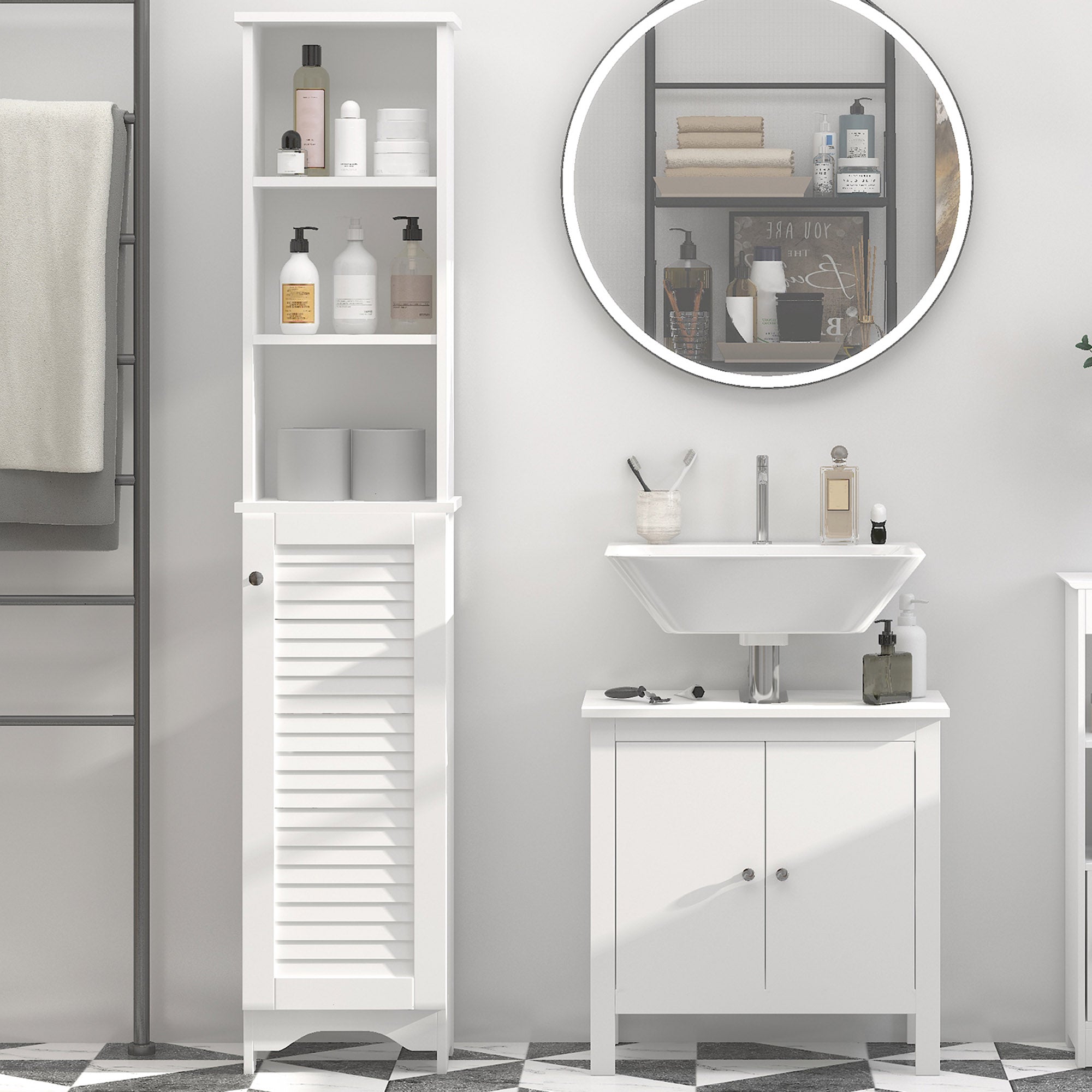 Tall Bathroom Cabinet with 1 Door 3 Open Shelves and Adjustable Interior Shelf Storage Unit for Living Room Bathroom Bedroom 34x20x165 cm White