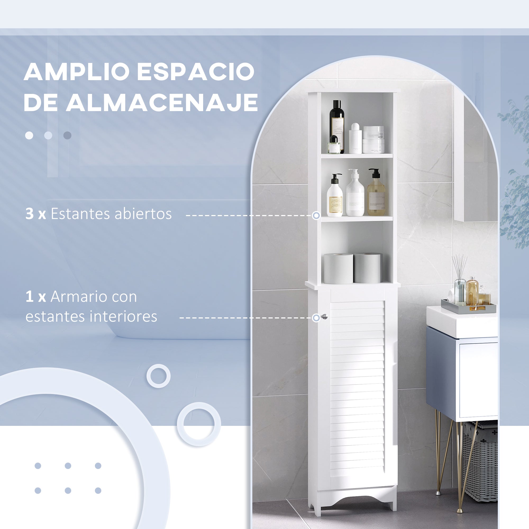 Tall Bathroom Cabinet with 1 Door 3 Open Shelves and Adjustable Interior Shelf Storage Unit for Living Room Bathroom Bedroom 34x20x165 cm White