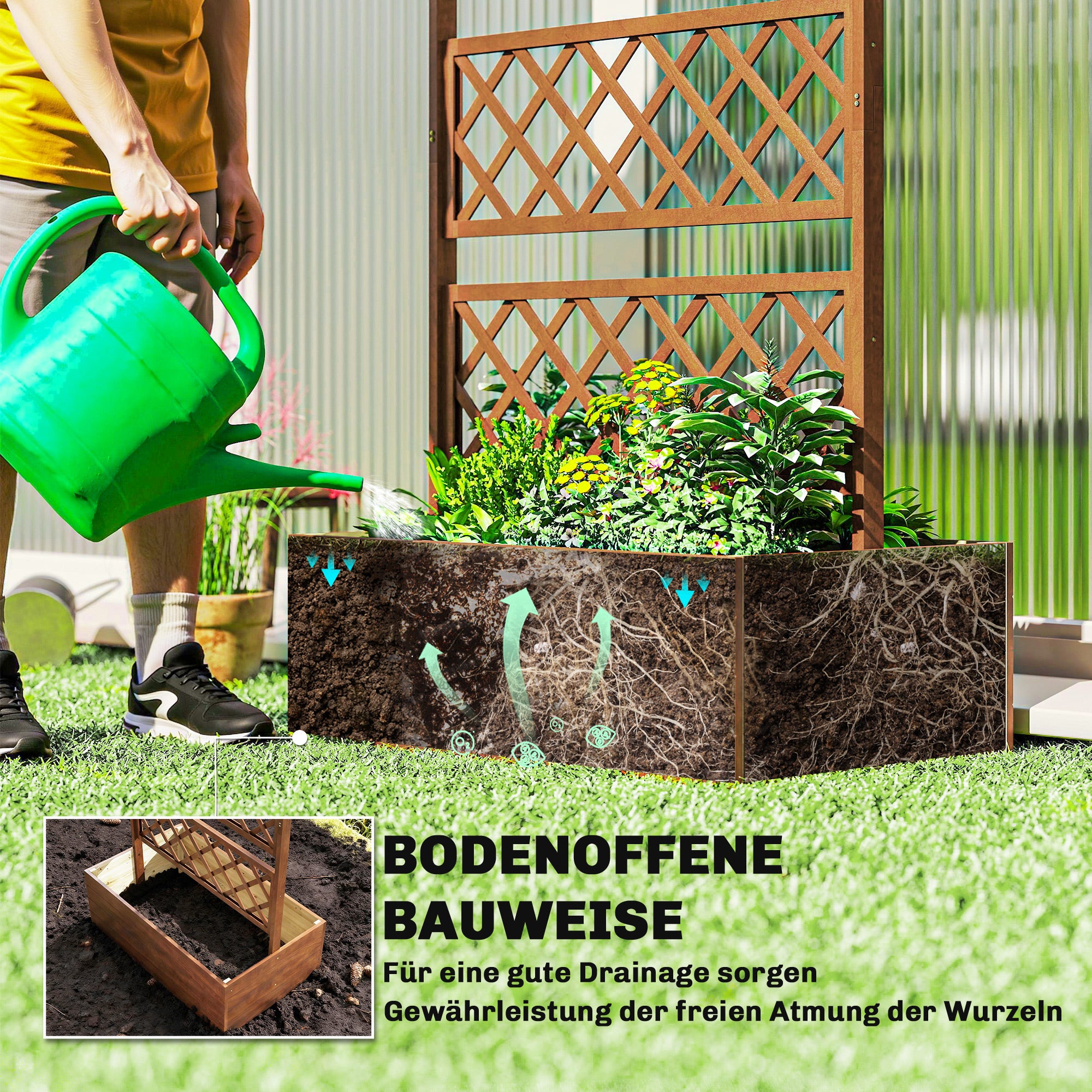 Pine Raised Planter with Trellis & Roof, Raised Garden Bed for Climbers, Balcony & Garden, 63 × 21.7 × 72 in (160 × 55 × 183 cm) - Orange