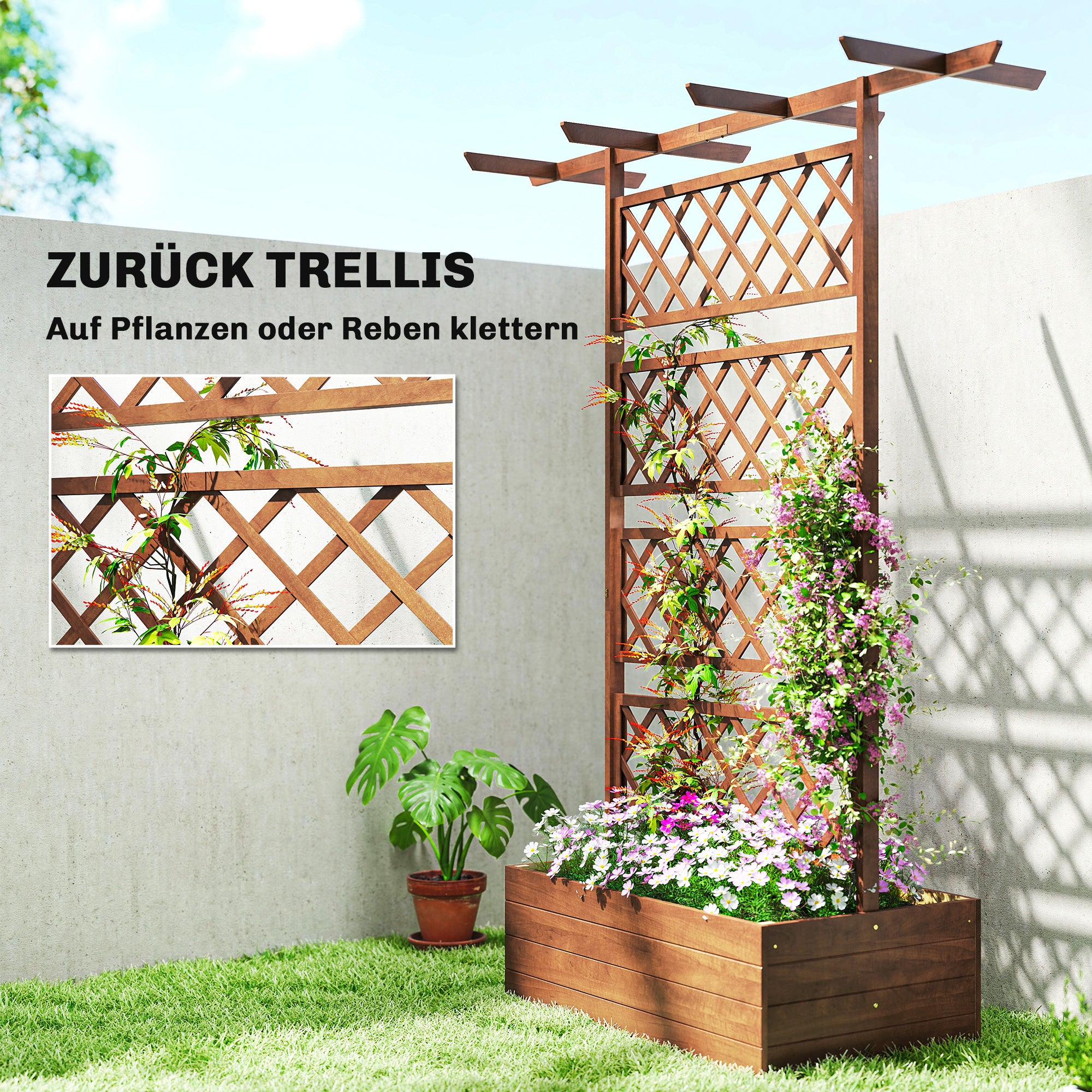 Pine Raised Planter with Trellis & Roof, Raised Garden Bed for Climbers, Balcony & Garden, 63 × 21.7 × 72 in (160 × 55 × 183 cm) - Orange