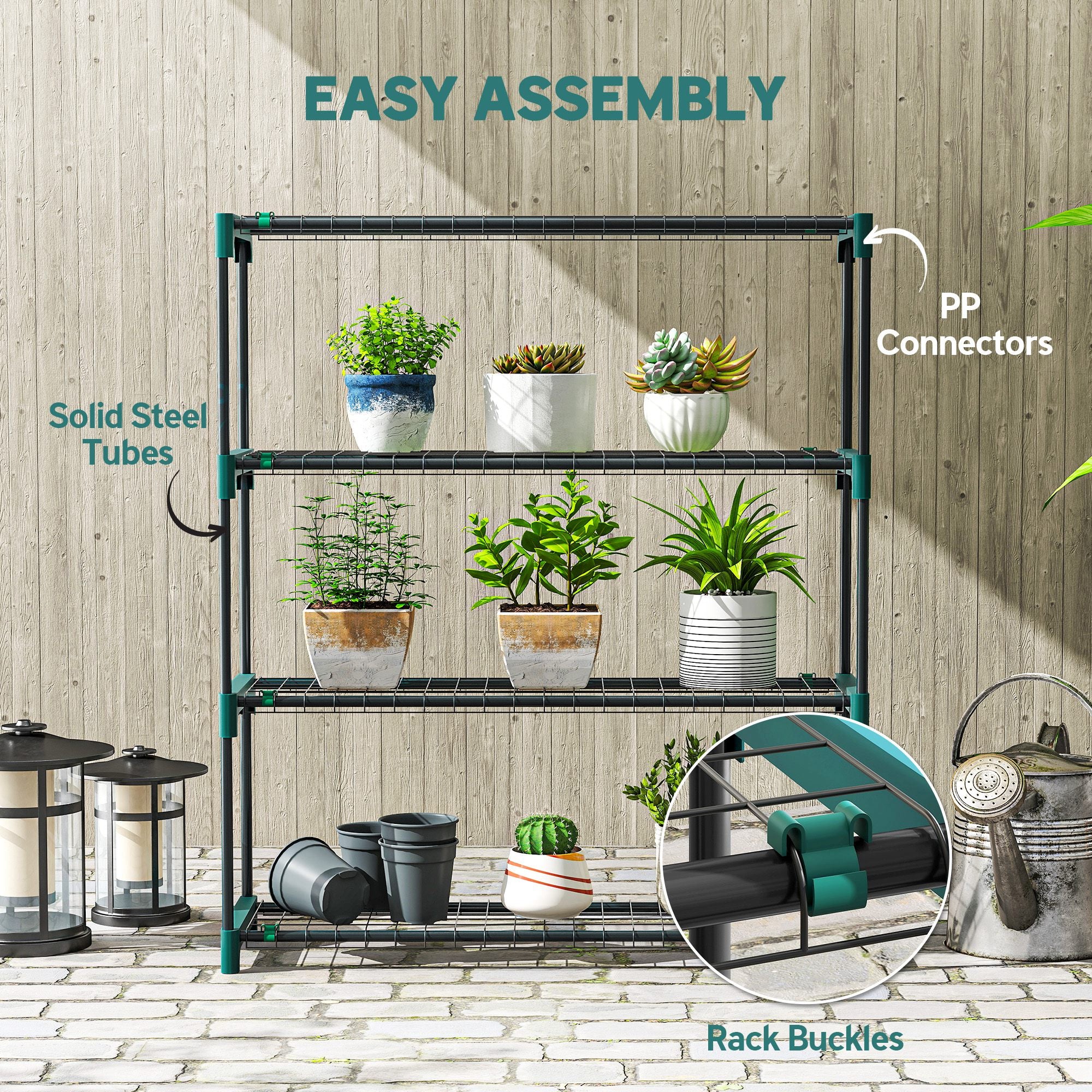 Set of 2 4-Tier Plant Stands, 40.9 in Tall — Steel Indoor/Outdoor Shelves, Multi-Level Pot Rack for Garden & Balcony, Dark Green