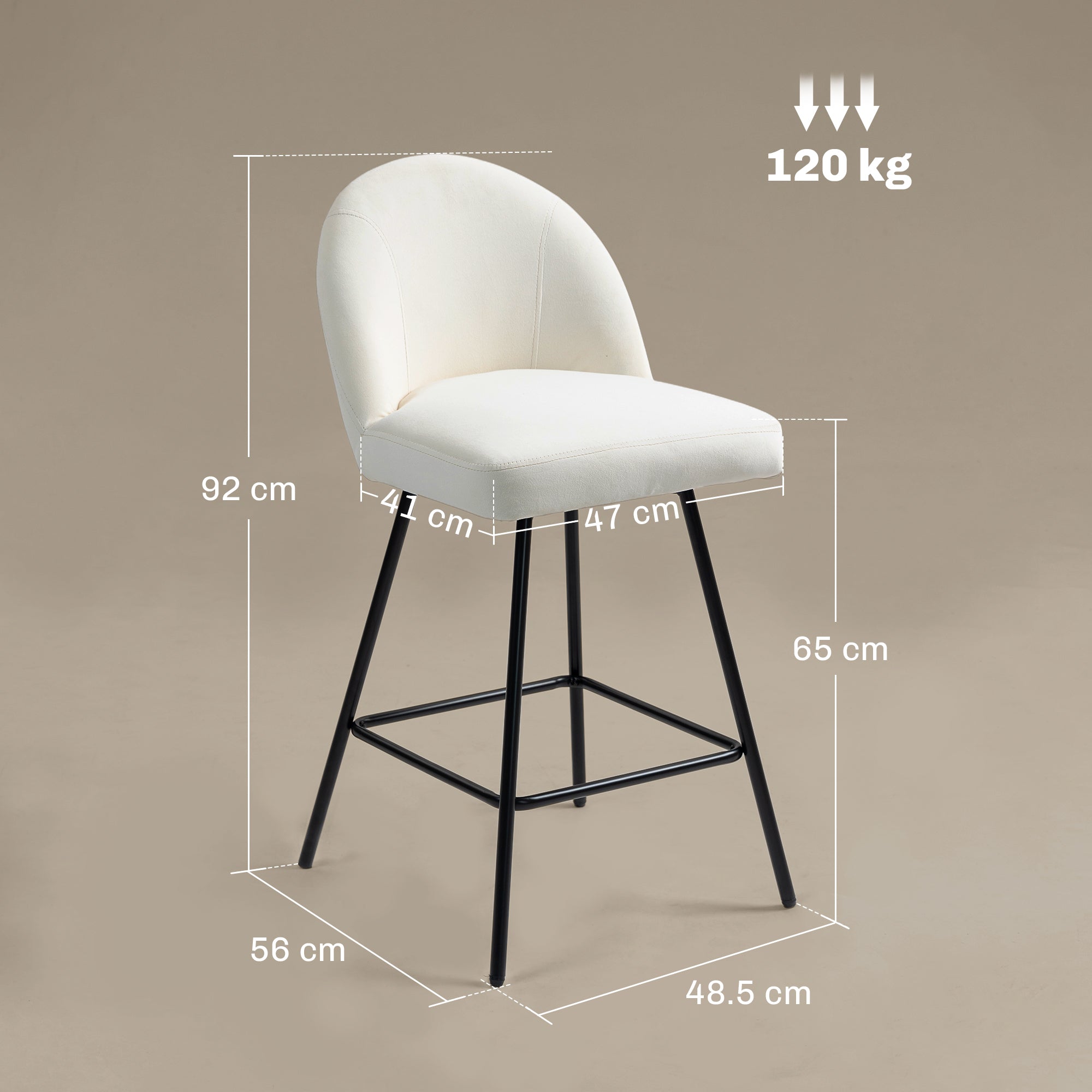 Set of 2 Bar Stools with Velvet Backrest, High Chairs with Footrest for Kitchen Island and Bar Counter, 48.5x56x92 cm, Cream White