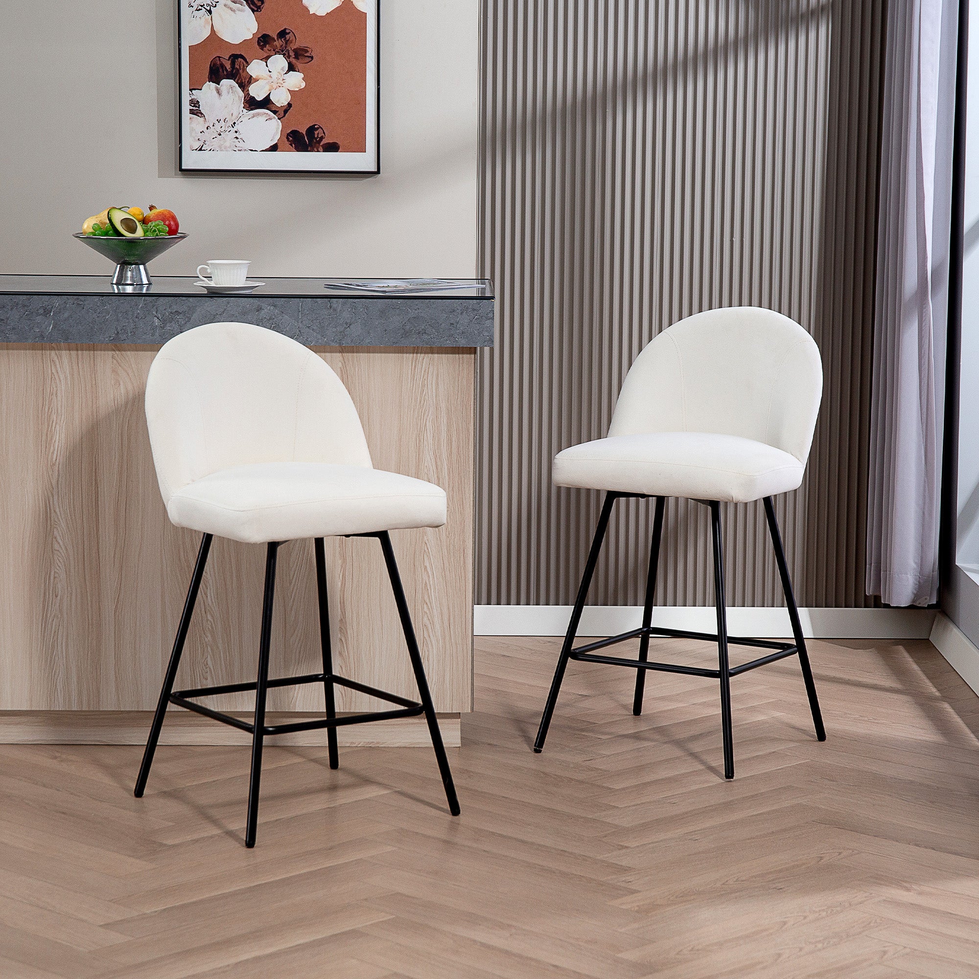 Set of 2 Bar Stools with Velvet Backrest, High Chairs with Footrest for Kitchen Island and Bar Counter, 48.5x56x92 cm, Cream White