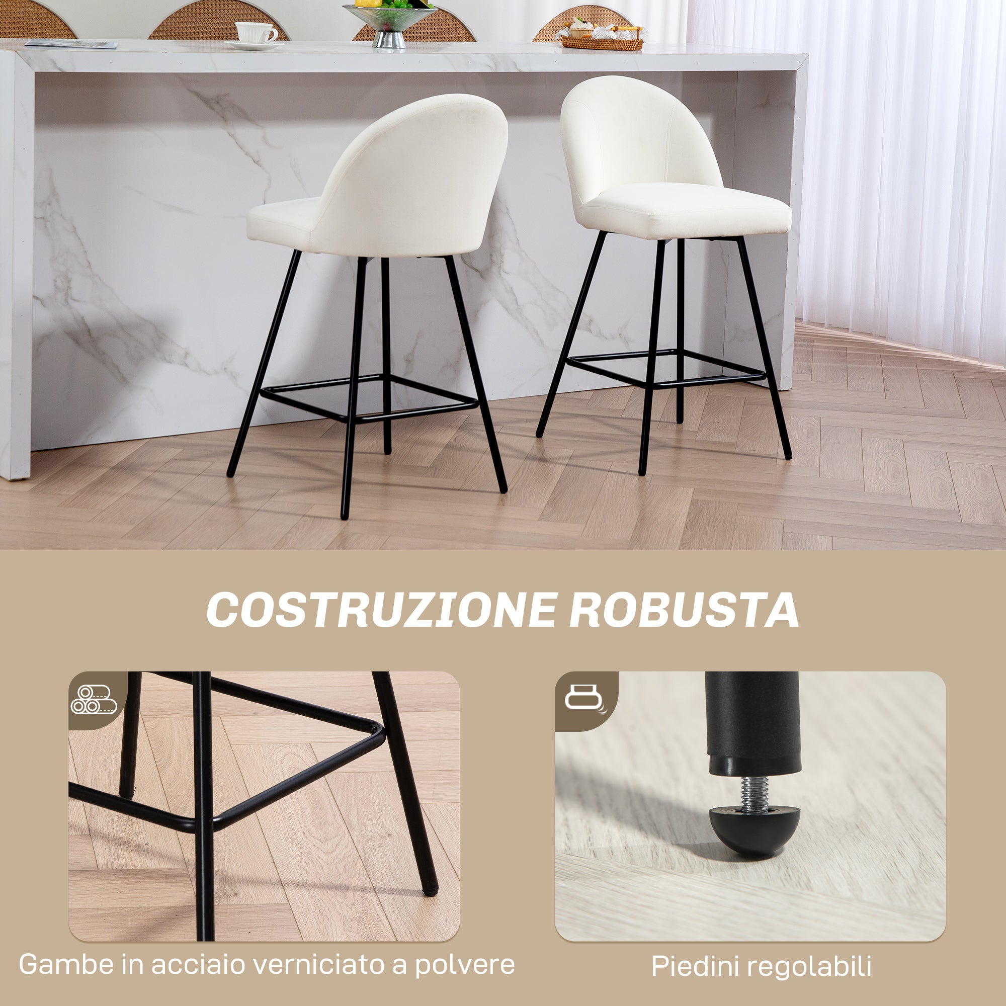 Set of 2 Bar Stools with Velvet Backrest, High Chairs with Footrest for Kitchen Island and Bar Counter, 48.5x56x92 cm, Cream White