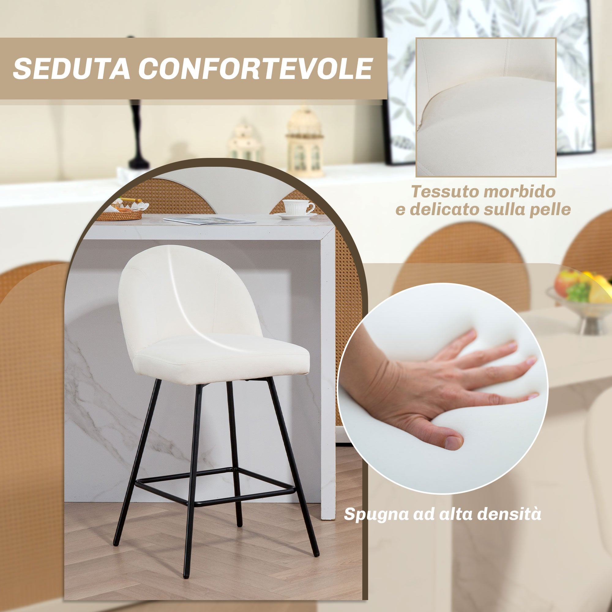 Set of 2 Bar Stools with Velvet Backrest, High Chairs with Footrest for Kitchen Island and Bar Counter, 48.5x56x92 cm, Cream White