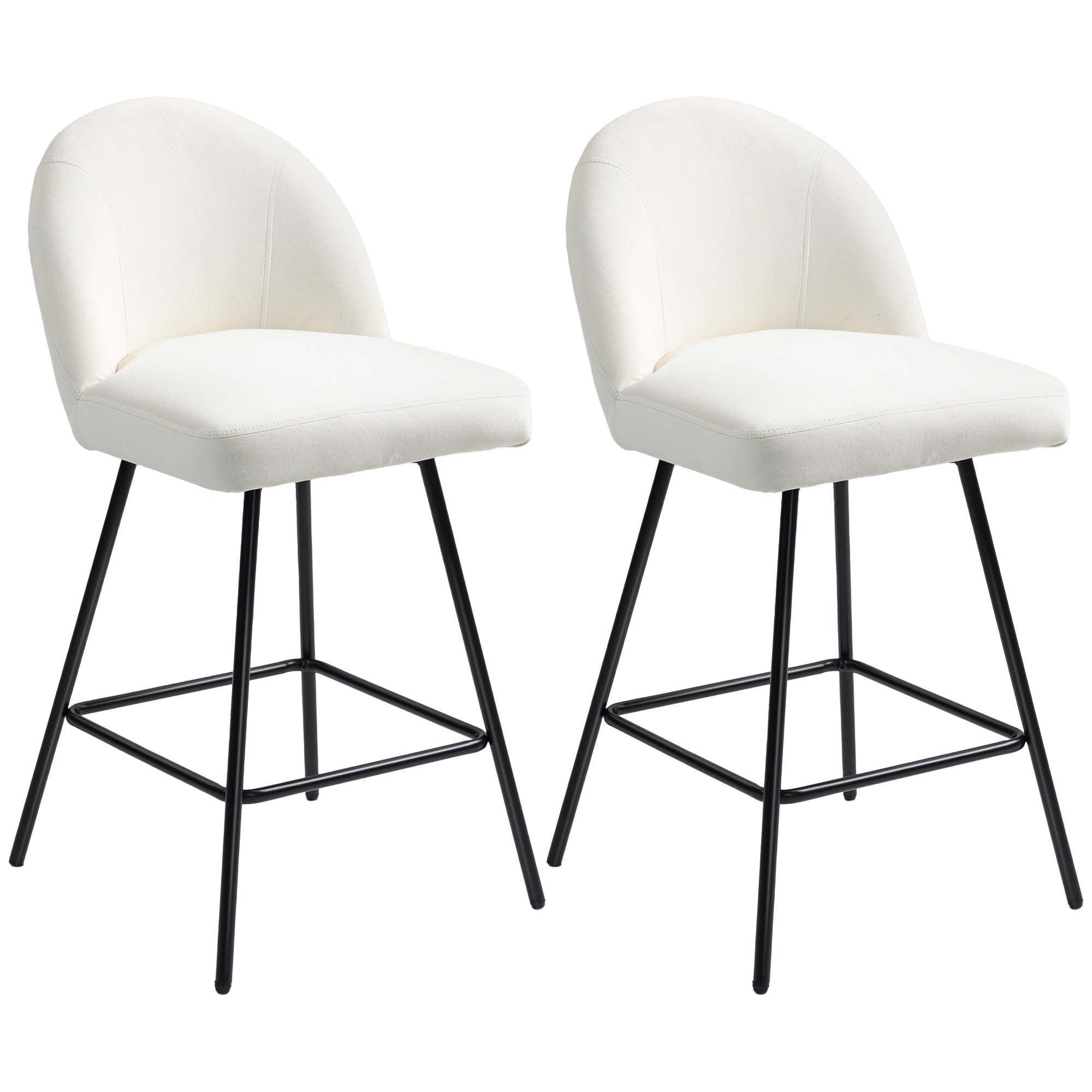 Set of 2 Bar Stools with Velvet Backrest, High Chairs with Footrest for Kitchen Island and Bar Counter, 48.5x56x92 cm, Cream White