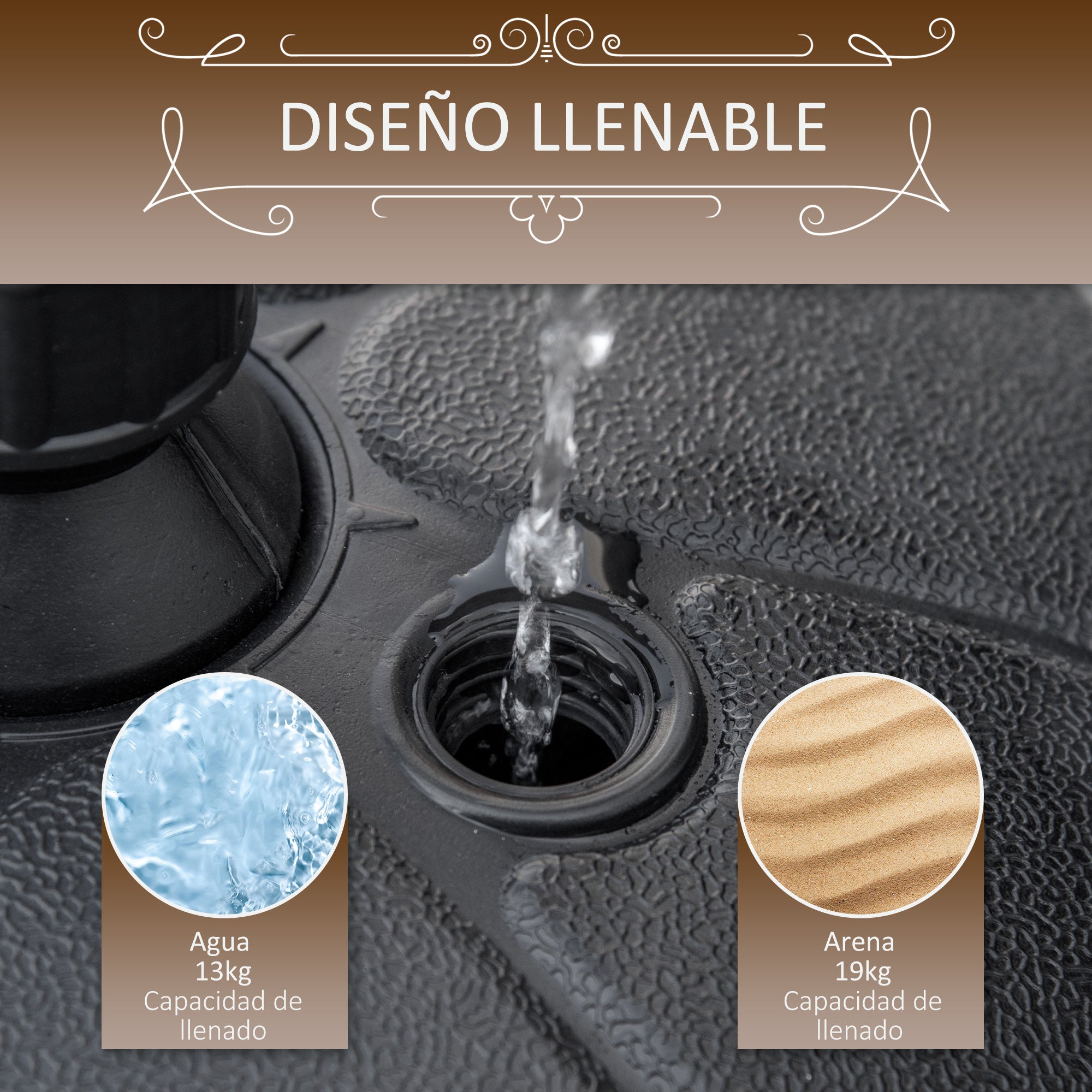 Water Fillable Umbrella Base 13 kg or Sand 19 kg Round Parasol Stand Suitable for Ø32-38 mm Poles for Garden Patio Terrace Ø38x21.5 cm Black