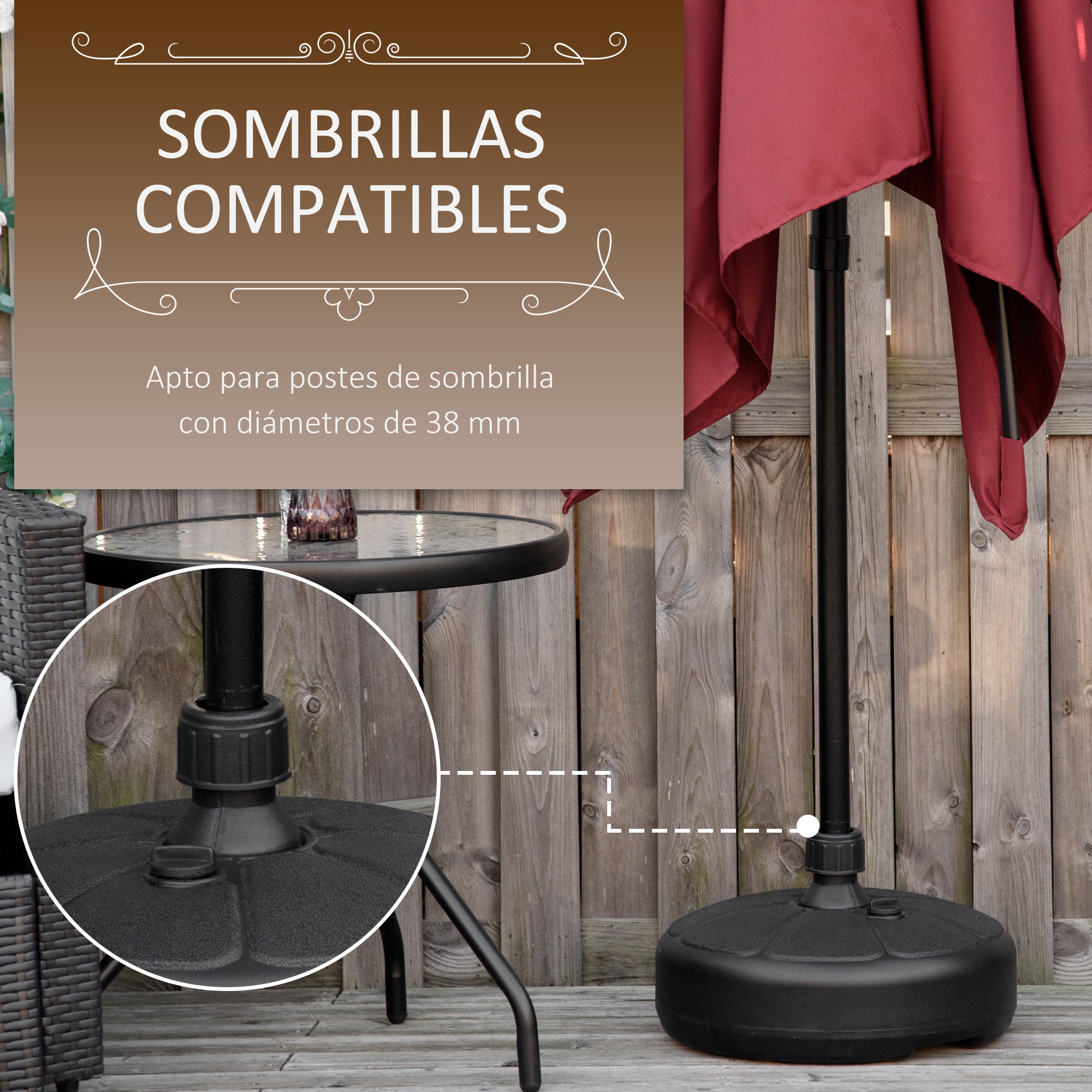 Water Fillable Umbrella Base 13 kg or Sand 19 kg Round Parasol Stand Suitable for Ø32-38 mm Poles for Garden Patio Terrace Ø38x21.5 cm Black
