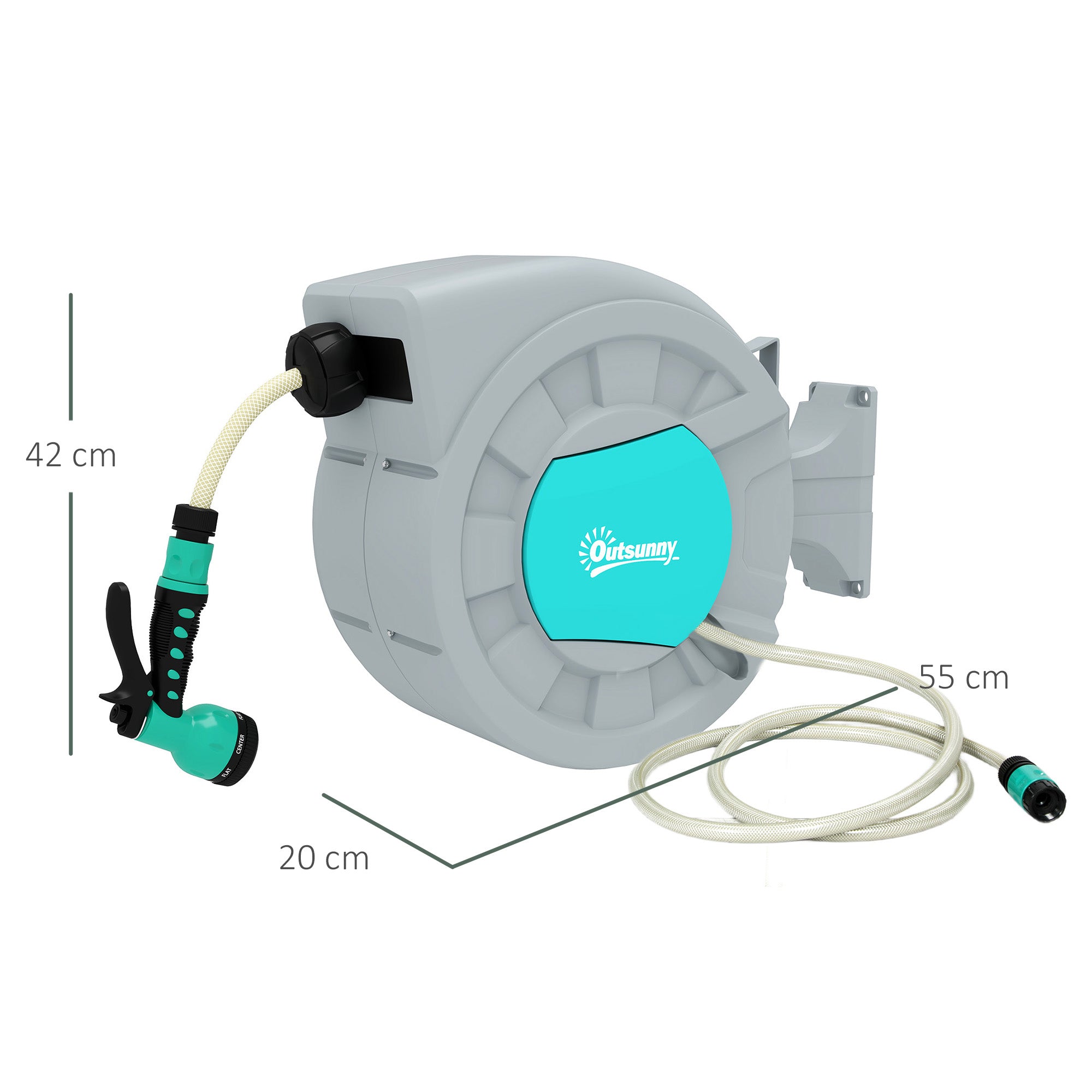 Hose Reel with Garden Hose 25m, 180° Rotatable Hose Box, Wall-Mounted Hose Reel, Automatic Rewind Water Hose Reel, 7-Function Hand Shower, Green+Grey
