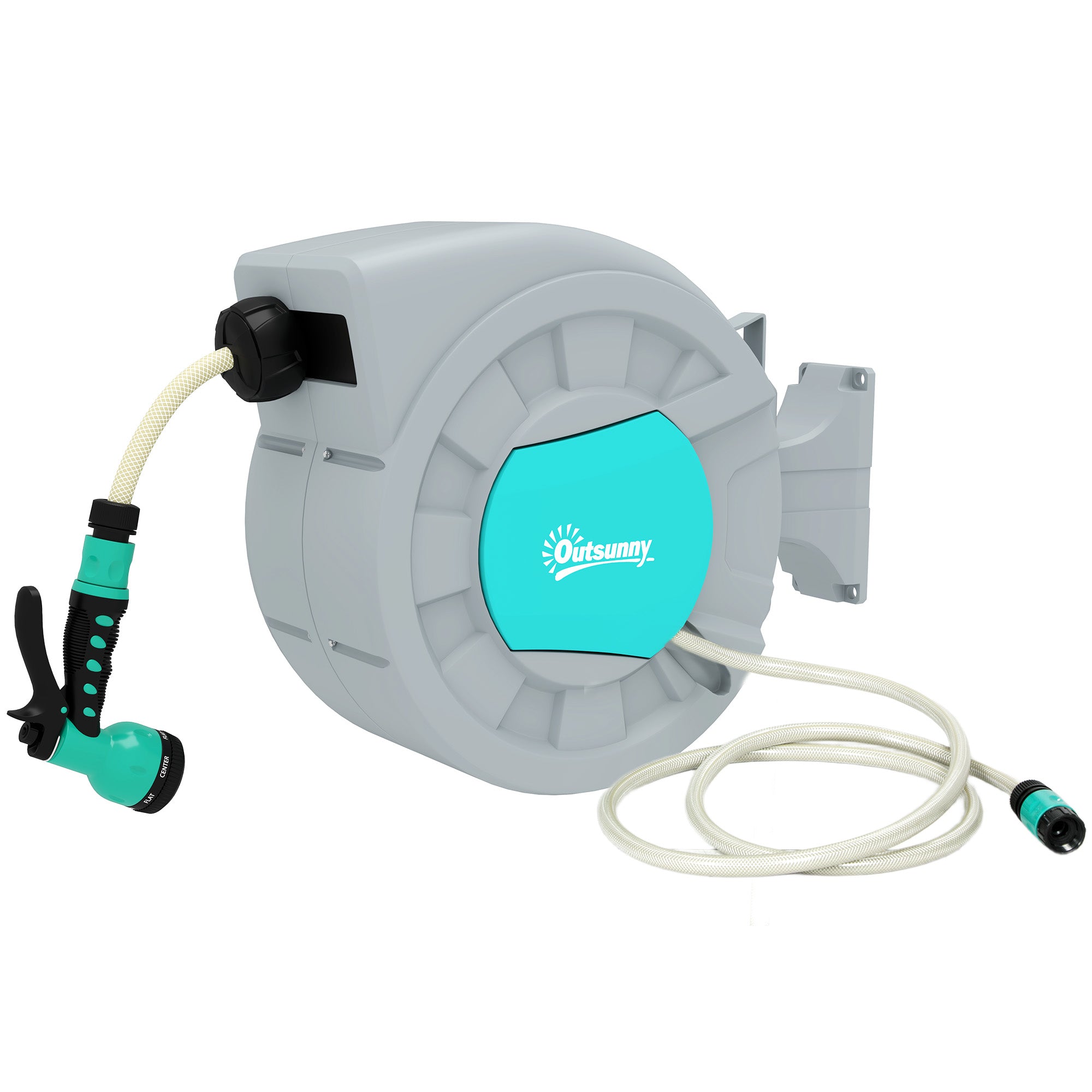 Hose Reel with Garden Hose 25m, 180° Rotatable Hose Box, Wall-Mounted Hose Reel, Automatic Rewind Water Hose Reel, 7-Function Hand Shower, Green+Grey