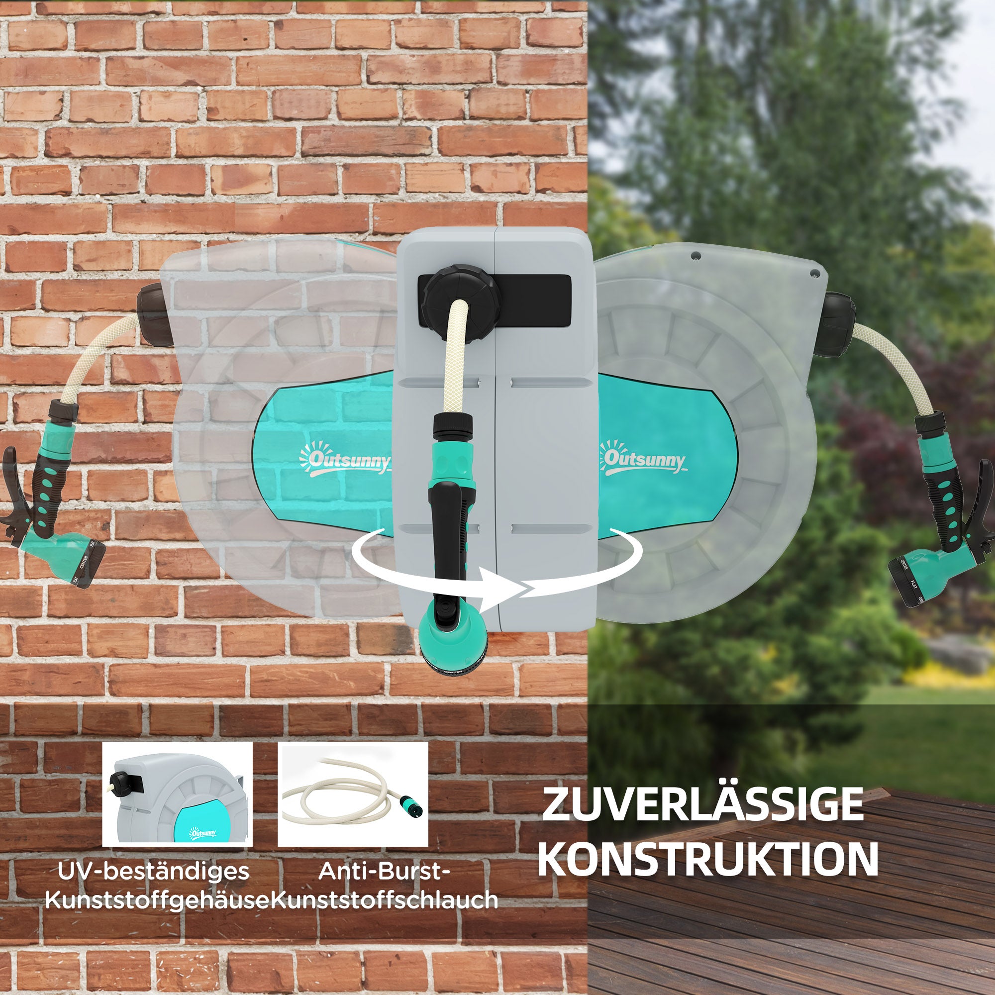 Hose Reel with Garden Hose 25m, 180° Rotatable Hose Box, Wall-Mounted Hose Reel, Automatic Rewind Water Hose Reel, 7-Function Hand Shower, Green+Grey