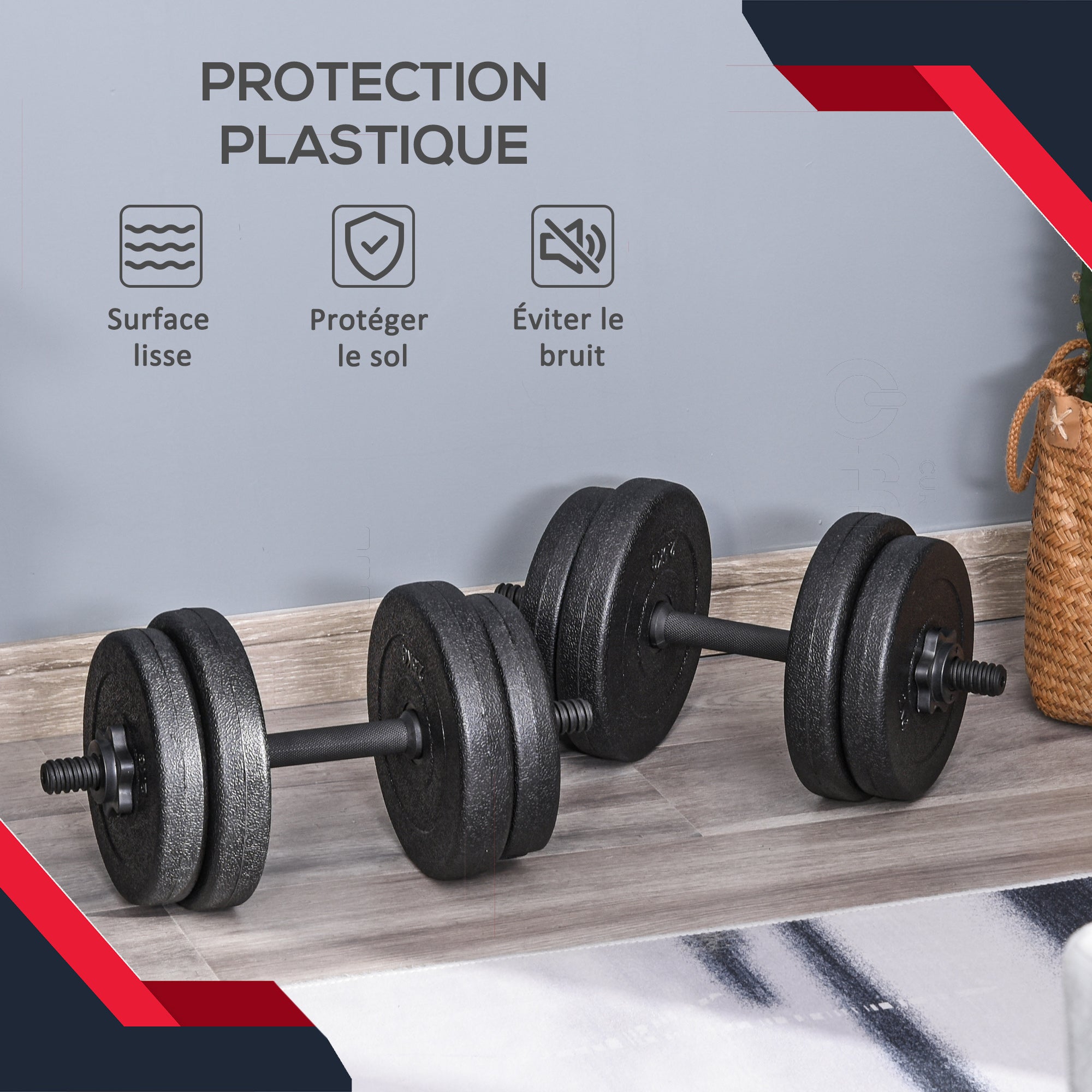 Short Dumbbell Set Total 20 Kg - Dumbbell Pairs - Adjustable Weight - Bars included - Muscle Training & Weightlifting - Black HDPE Steel